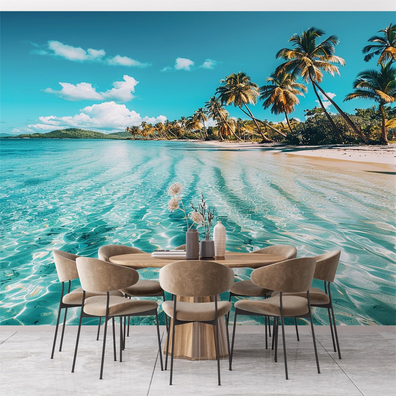 Fototapeta, palmy, morze, murale, plaża, 250 x 175 cm (szer. x wys.), fototapeta, niebieska tapeta, mural sztuka ścienna do salonu, sypialni, pokoju dziecięcego, korytarza