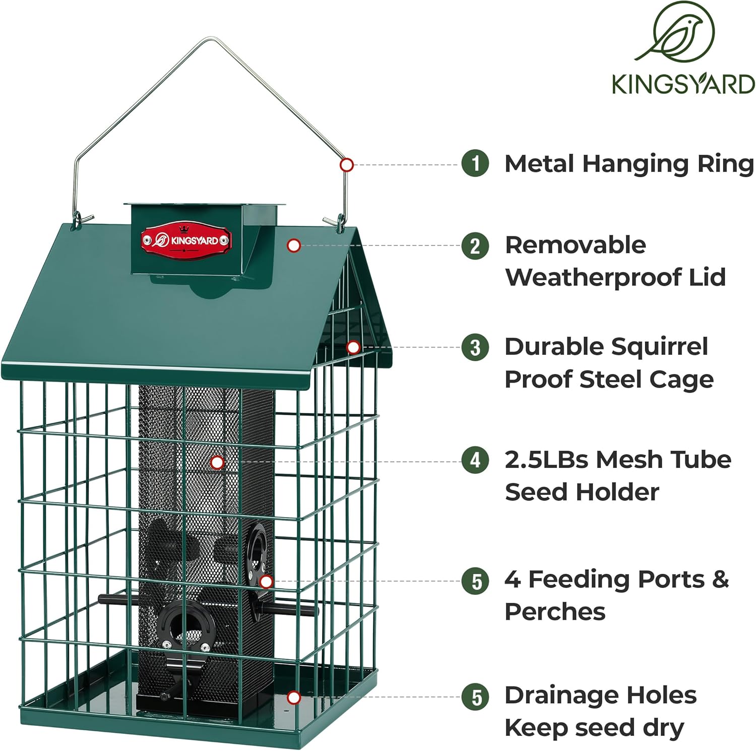 Kingsyard Squirrel Proof Caged Bird Feeder for Outdoor Hanging - Weatherproof Metal Mesh Tube Finch Bird Feeder with 4 Ports for Nyjer/Thistle Seed, Small Birds Goldfinches, Chickadees, Green thumbnail