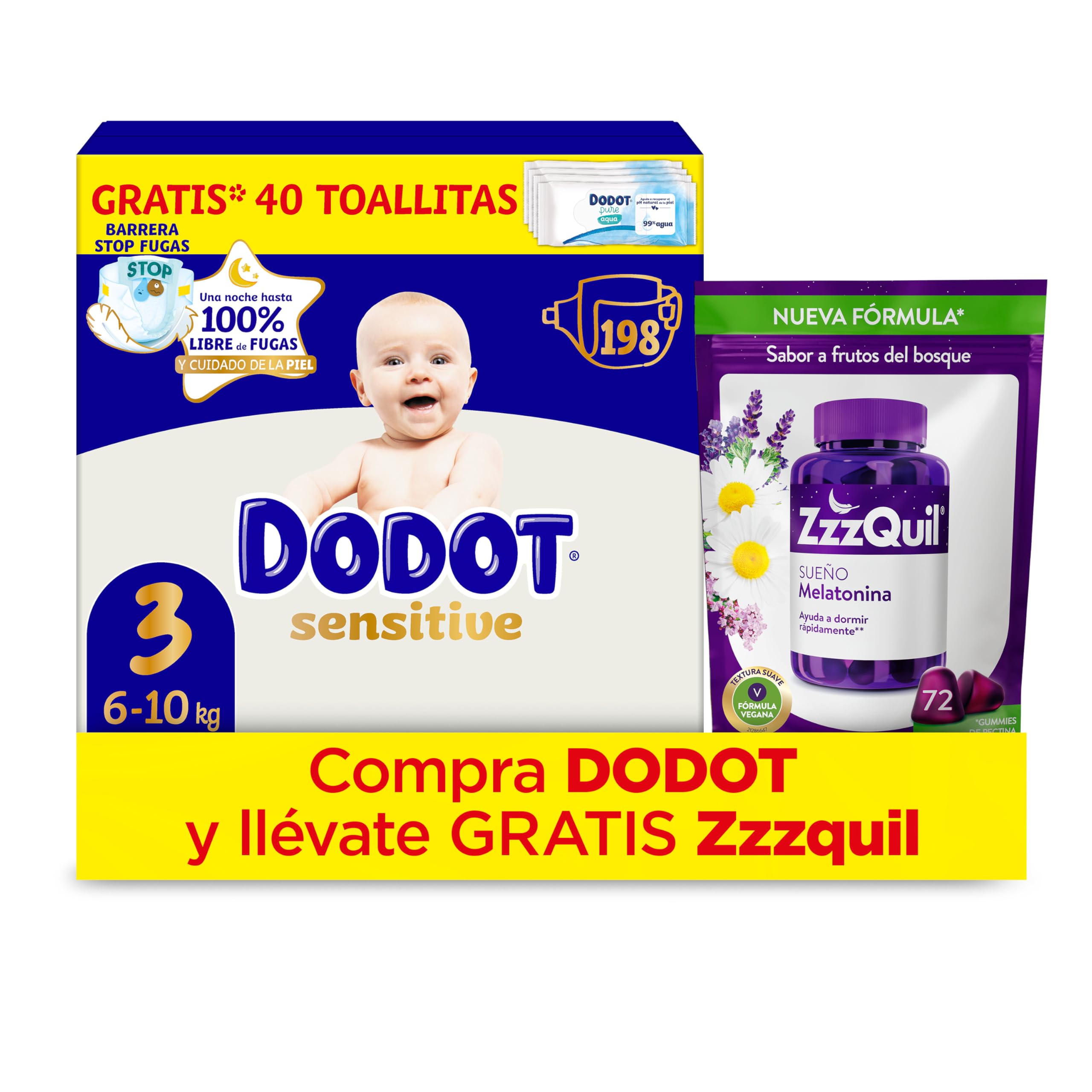 Dodot Pañales Bebé Sensitive, Talla 3 (6-10 kg), 198 Pañales + Regalo de ZzzQuil Sueño Fórmula Vegana (72 Gummies), Melatonina para Dormir