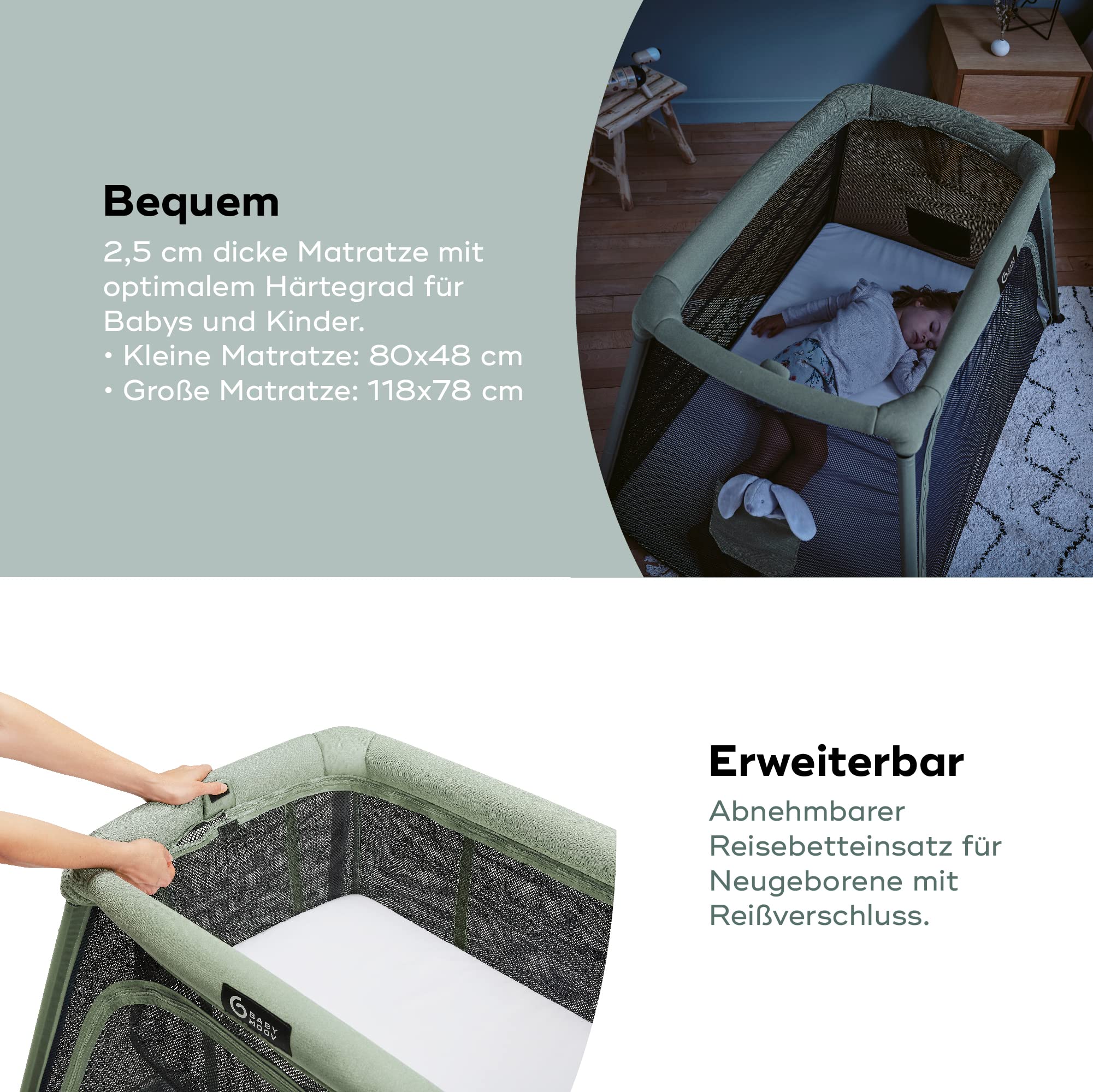 Babymoov Moov & Comfy 3-in-1 Reisebett für Babys und Kleinkinder - bis 20kg, mit zwei Ebenen, Beistellbett für Neugeborene
