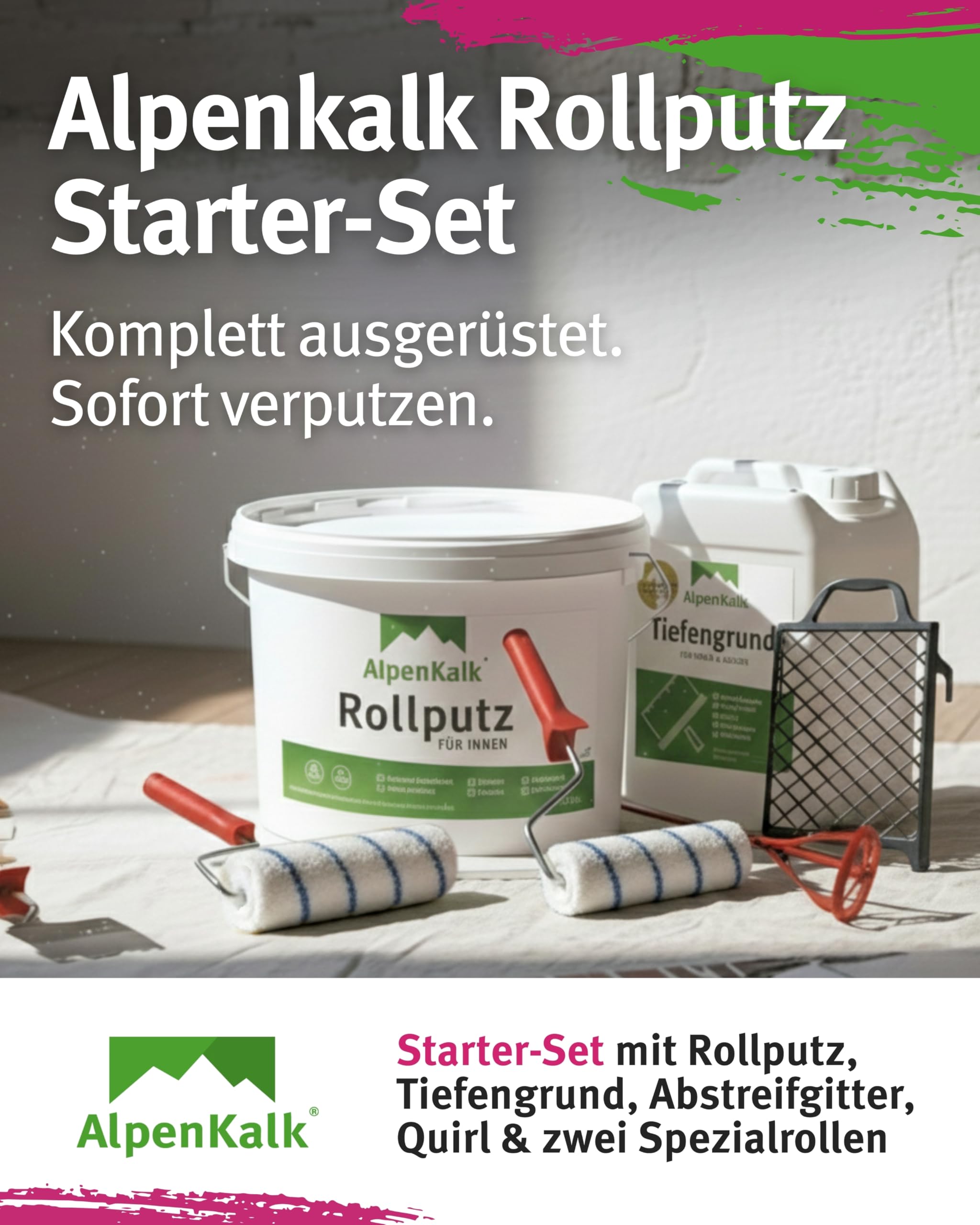 Feiner Rollputz für Innen I 24 kg für ca. 65 m² + Spezialrolle 18 cm I 0,5 mm Körnung I Verarbeitungsfertig & streifenfrei wie vom Profi I Atmungsaktiv, schimmelhemmend & lösungsmittelfrei
