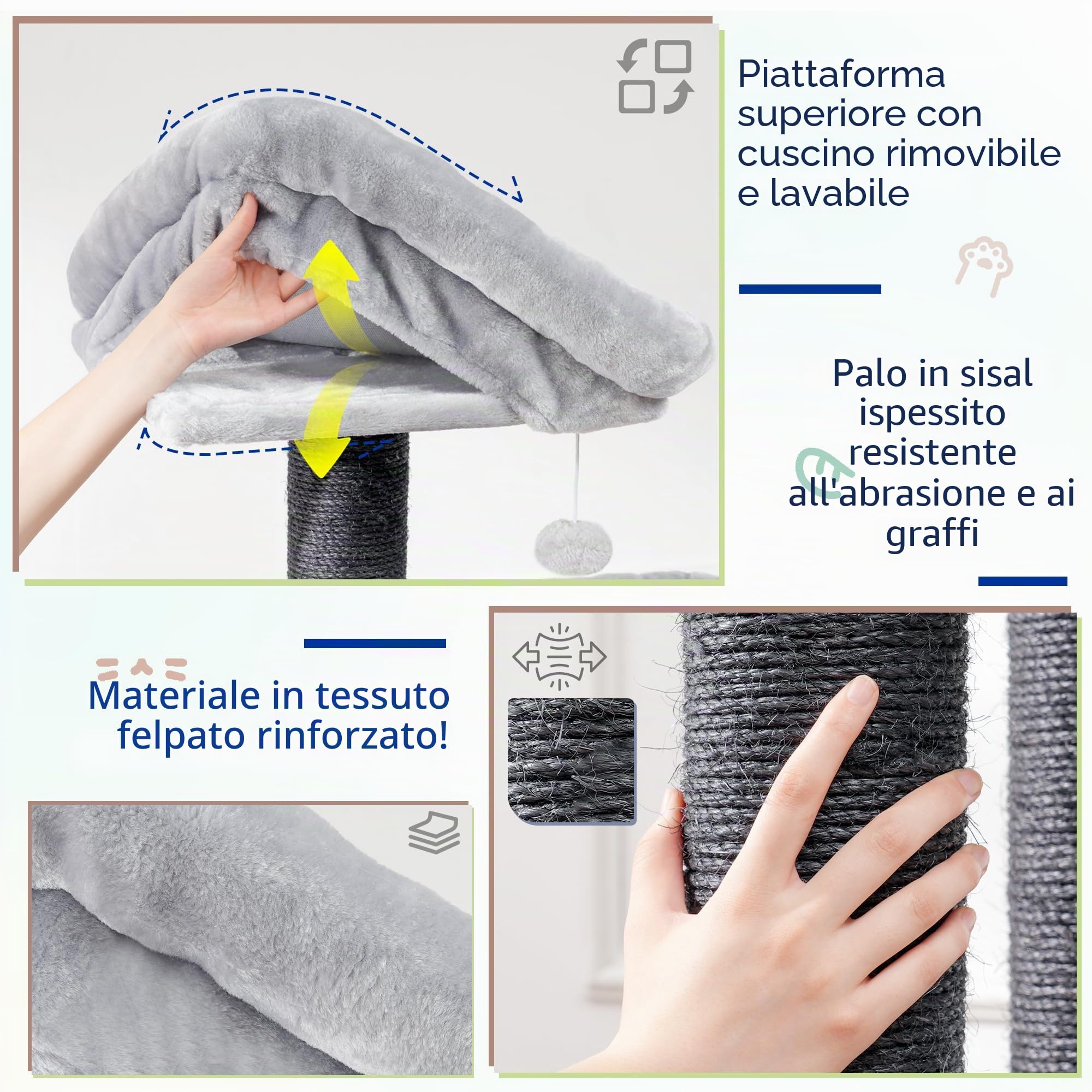 Hey-brother Tiragraffi per Gatti, Colonna sisal 11cm spessa, Amaca, MPJ01W | 168cm Albero per Gatti, 2 Piattaforme, Cesta, Cuccia, Spazzola per animali, Ideale per Maine Coon da interno, Grigio Chiaro