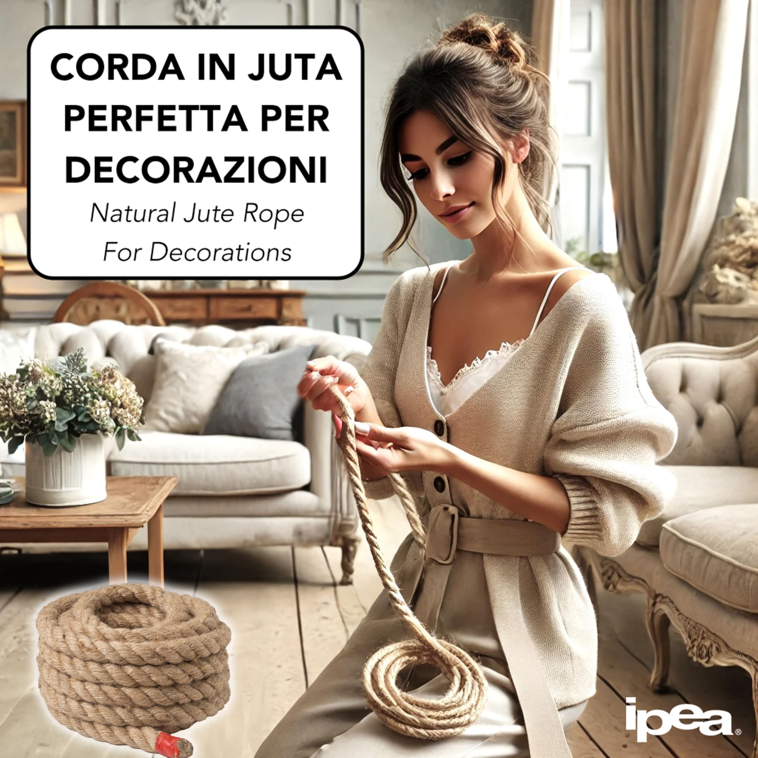 IPEA Naturalna lina jutowa o grubości 18 mm do dekoracji i majsterkowania, wyprodukowano we Włoszech, 5 metrów – wytrzymały sznurek jutowy do rzemiosła, wystroju domu, kota, ogrodu