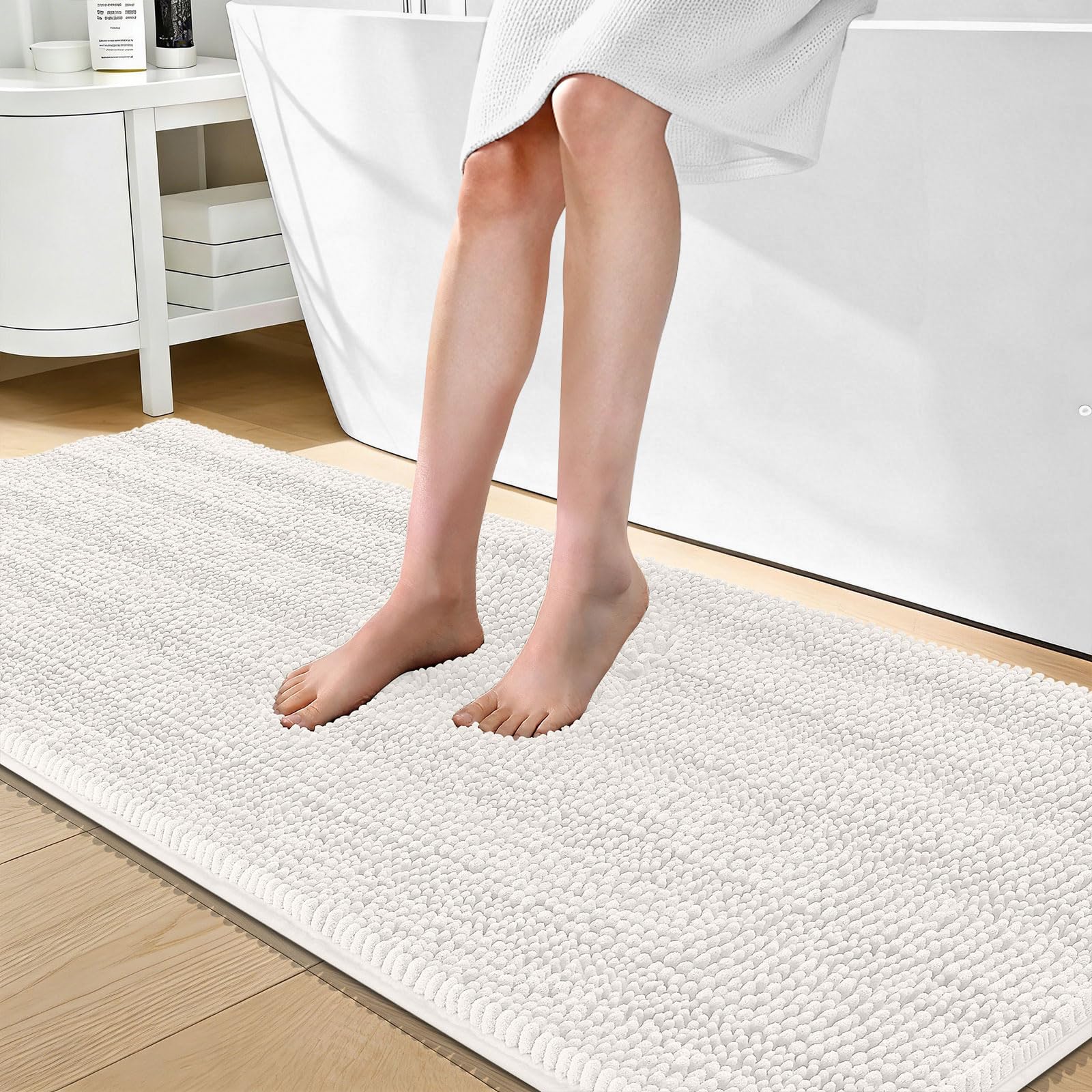 OLANLY Thick Bathroom Runner Rugs 70x24, Chenille Long Bath Rugs, Ivory