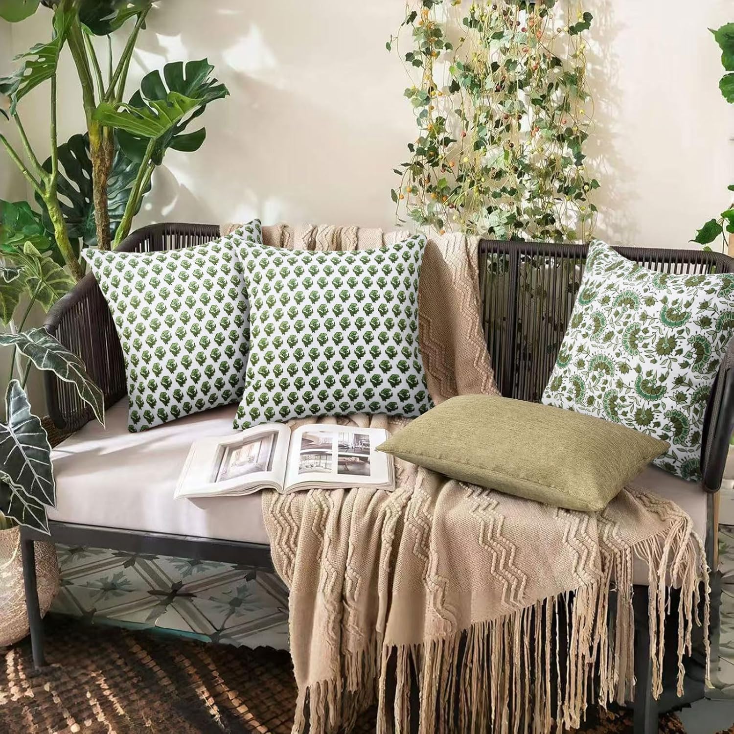 JASEN Green Spring Floral Plant Leaf Outdoor Waterproof Throw Pillow Covers Set of 2 - Double Sided Farmhouse Accent Decorative Pillows Cases for Patio Furniture Garden Couch Sofa 18x18 Inch (Green B)