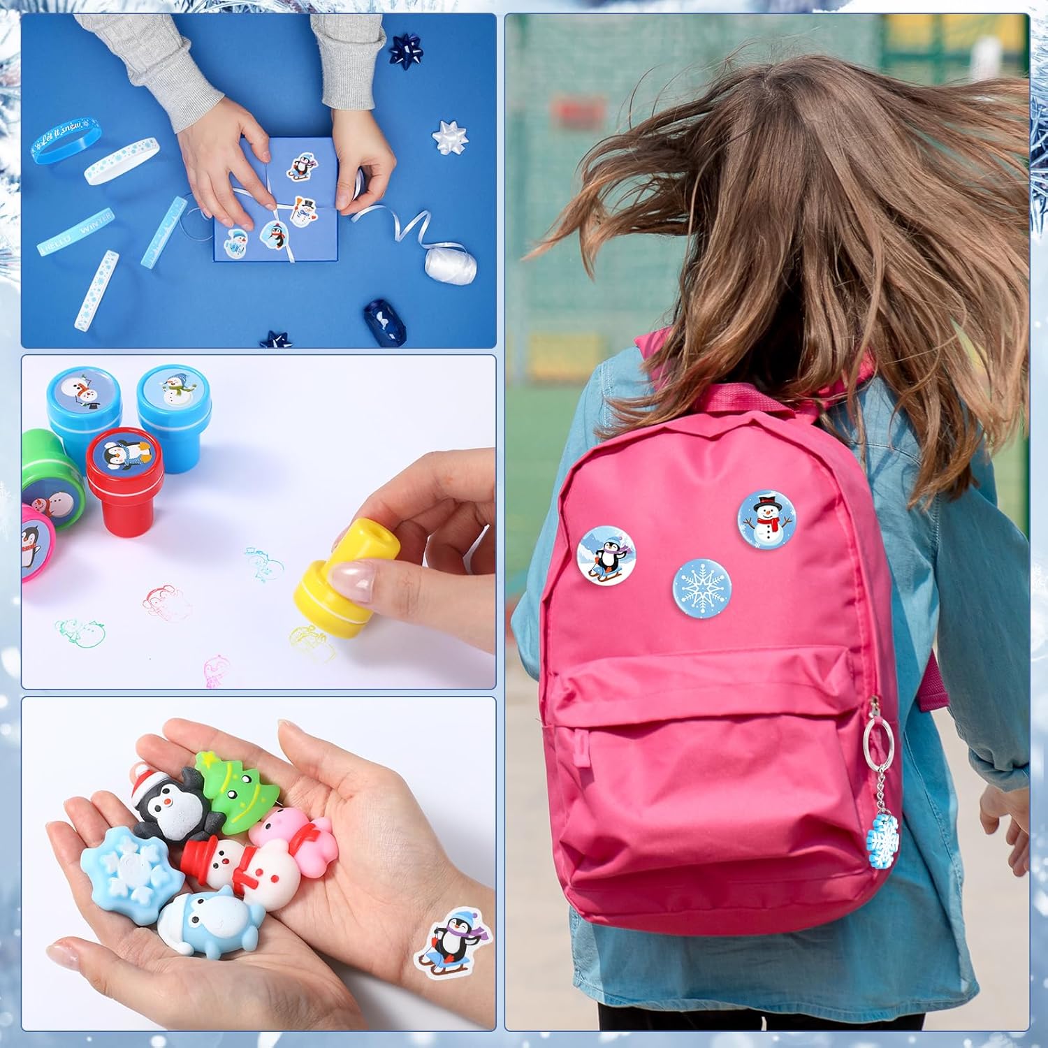 Blosssound 134 Pcs Winter Gift Bags Stuffers Winter Snowflake Theme Slap Bracelets Mochi Balls Stampers Badges Keychains Stickers Bags for Holiday Goodie Bags Items Classroom Rewards - Image 6