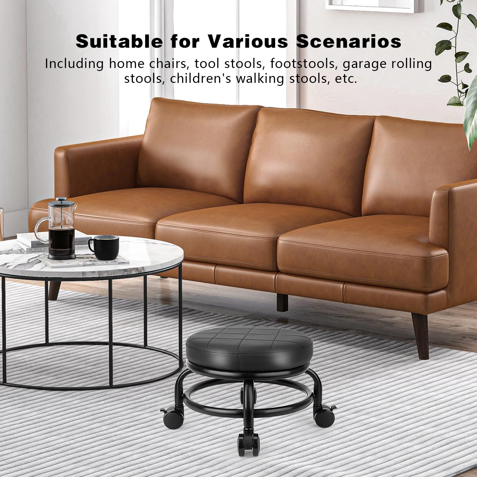 Taburete bajo con ruedas de baja altura, asiento de cuero sintético, silla pequeña, taburetes rodantes redondos para oficina en casa, garaje, tienda (negro) 7