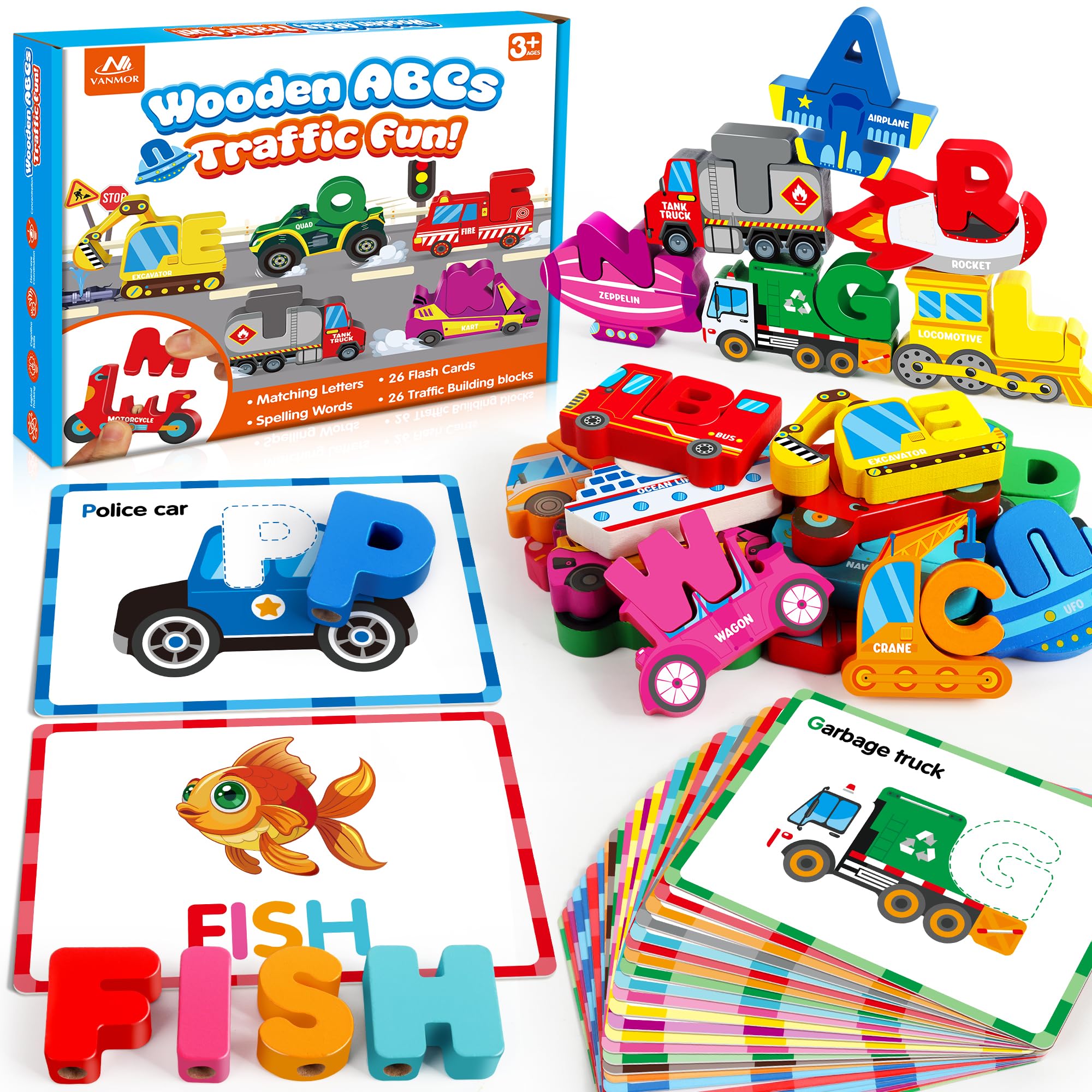 Amazon.com: Vanmor Wooden Vehicle Alphabet Puzzle for Toddlers