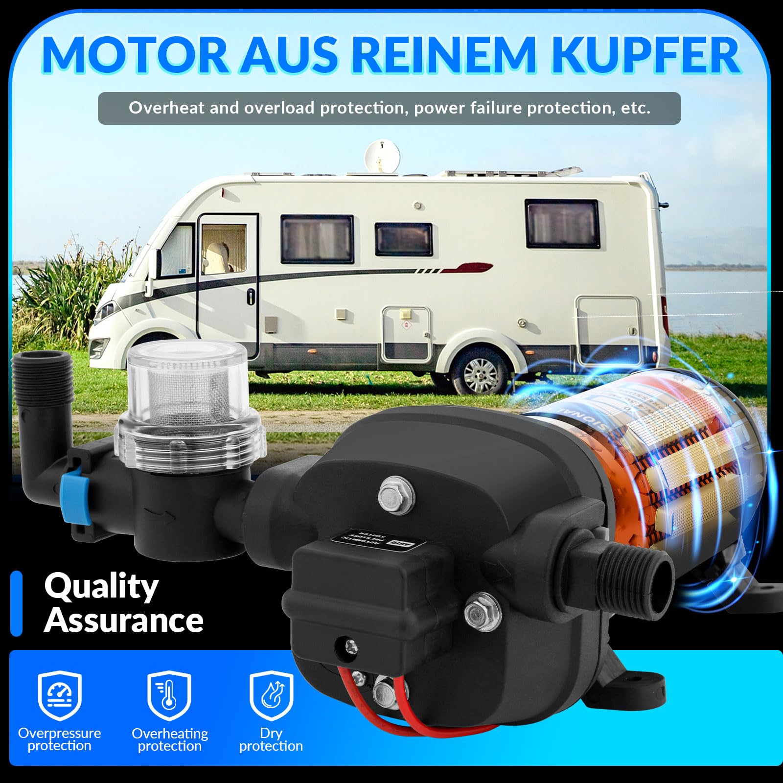 Bomba de Membrana Autocebante12V, 45 PSI, 17 L/min, Bomba de presión de agua Autocebante con Interruptor de Presión, Bomba de Agua Automática con Filtro Rápido, para Riego de Jardín, Caravanas, Barcos