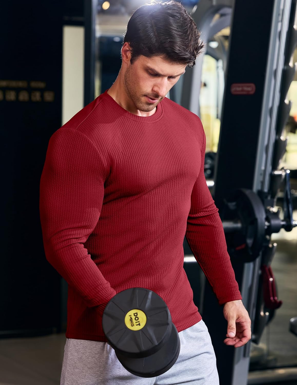 JMIERR Mens Long Sleeve Muscle T Shirts Casual Crewneck Knitted Longline Textured Tee Shirts for Gym Workout