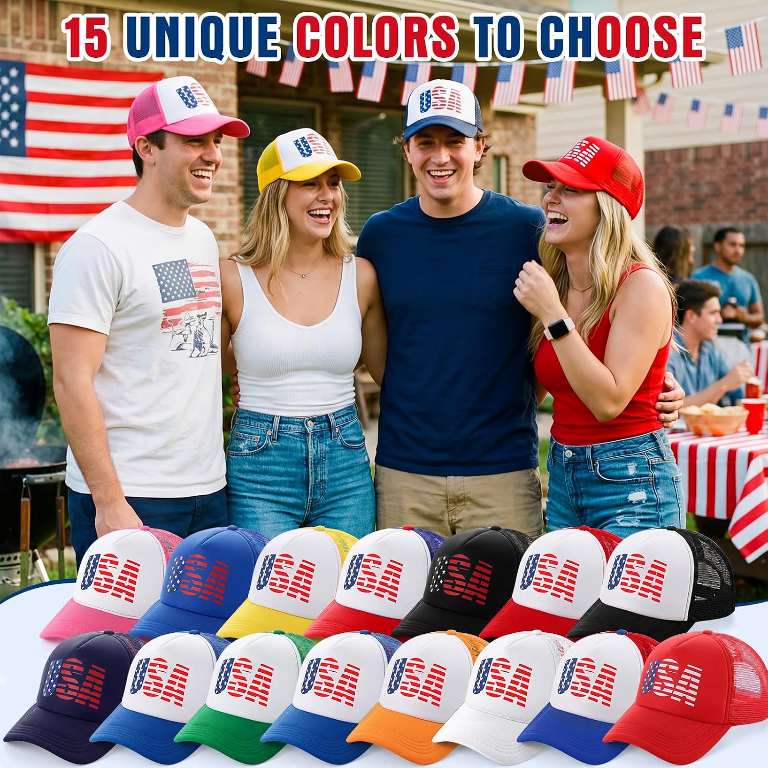 Chicingyou 15 Pack USA Patriotic Hats Bulk Adjustable 4th of July Baseball Hats Trucker Hat American Flag Cap for Men Women 4th of July Decoration, Independence Day, Patriotic Events Multicolor