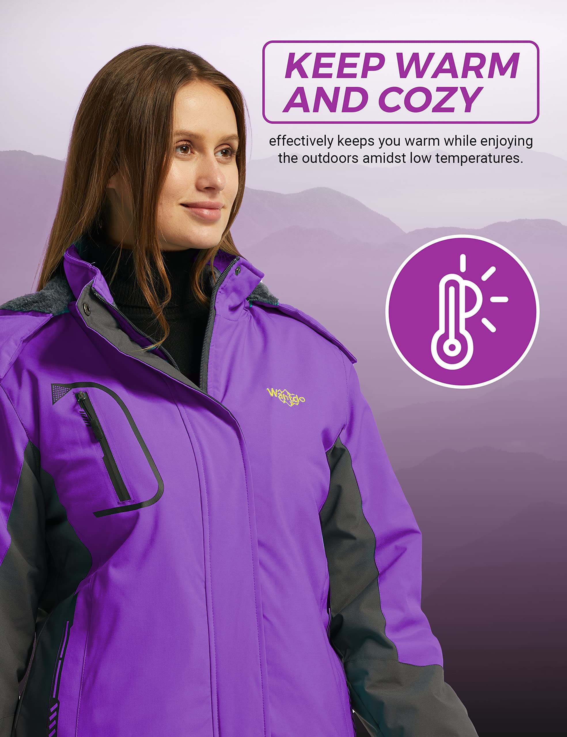 Wantdo Giacca da Sci Montagna Invernale Parka da Neve Caldo con Cappuccio Cappotto da Snowboard Giubbotto da Escursionismo Impermeabile Donna