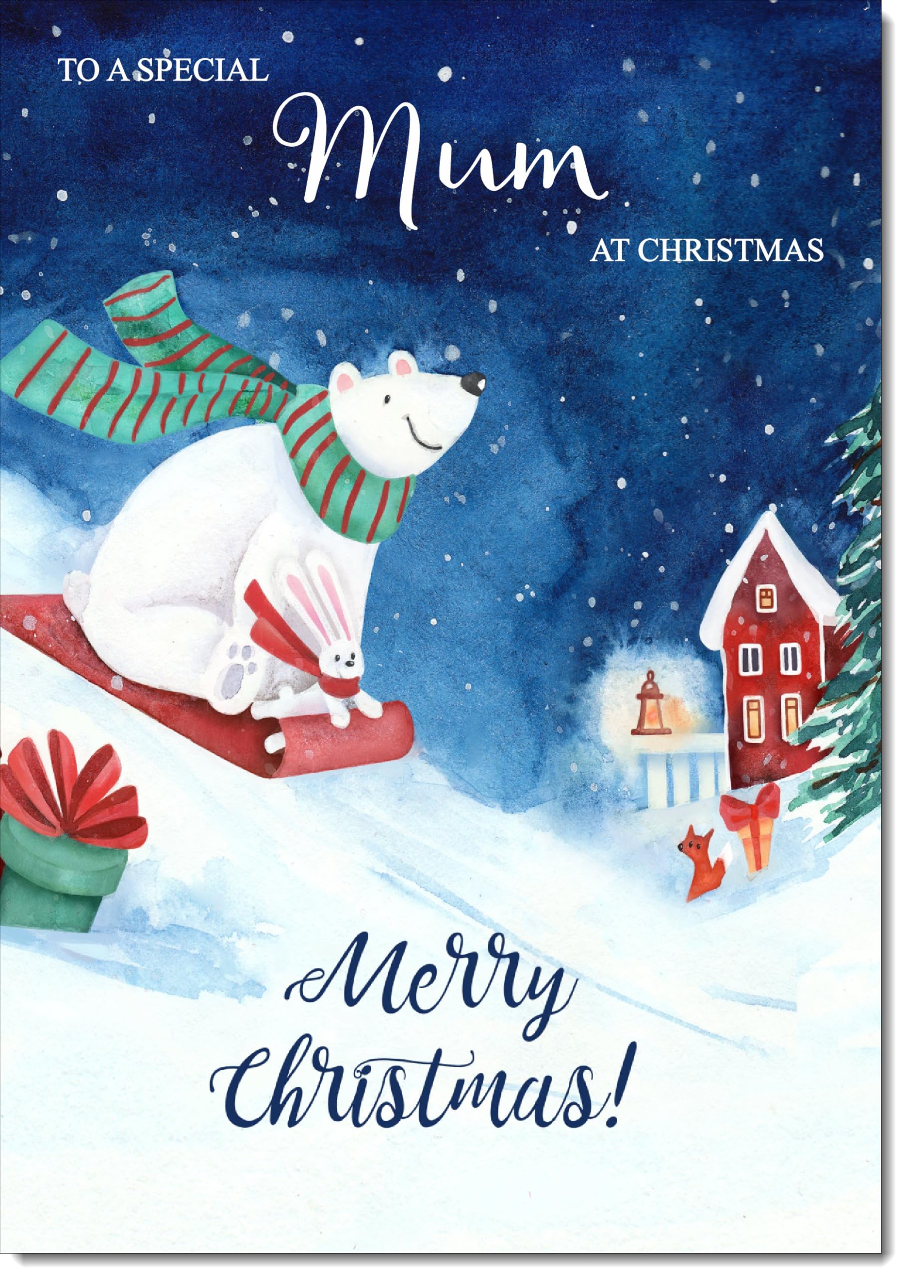 doodlecards Mum Christmas Card Bear on Sled Large A4 Size Christmas Card for Mum with Plain Envelope