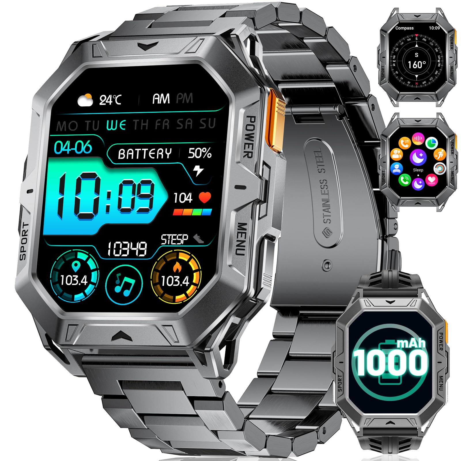 Military Smart Watch for Men (Answer/Make Calls), 2.13" AMOLED with 1000mAh Battery, 256MB RAM, Barometer/Altimeter/Compass, 100+ Sports Modes, Health Tracking, 10ATM Activity Tracker for Android iOS