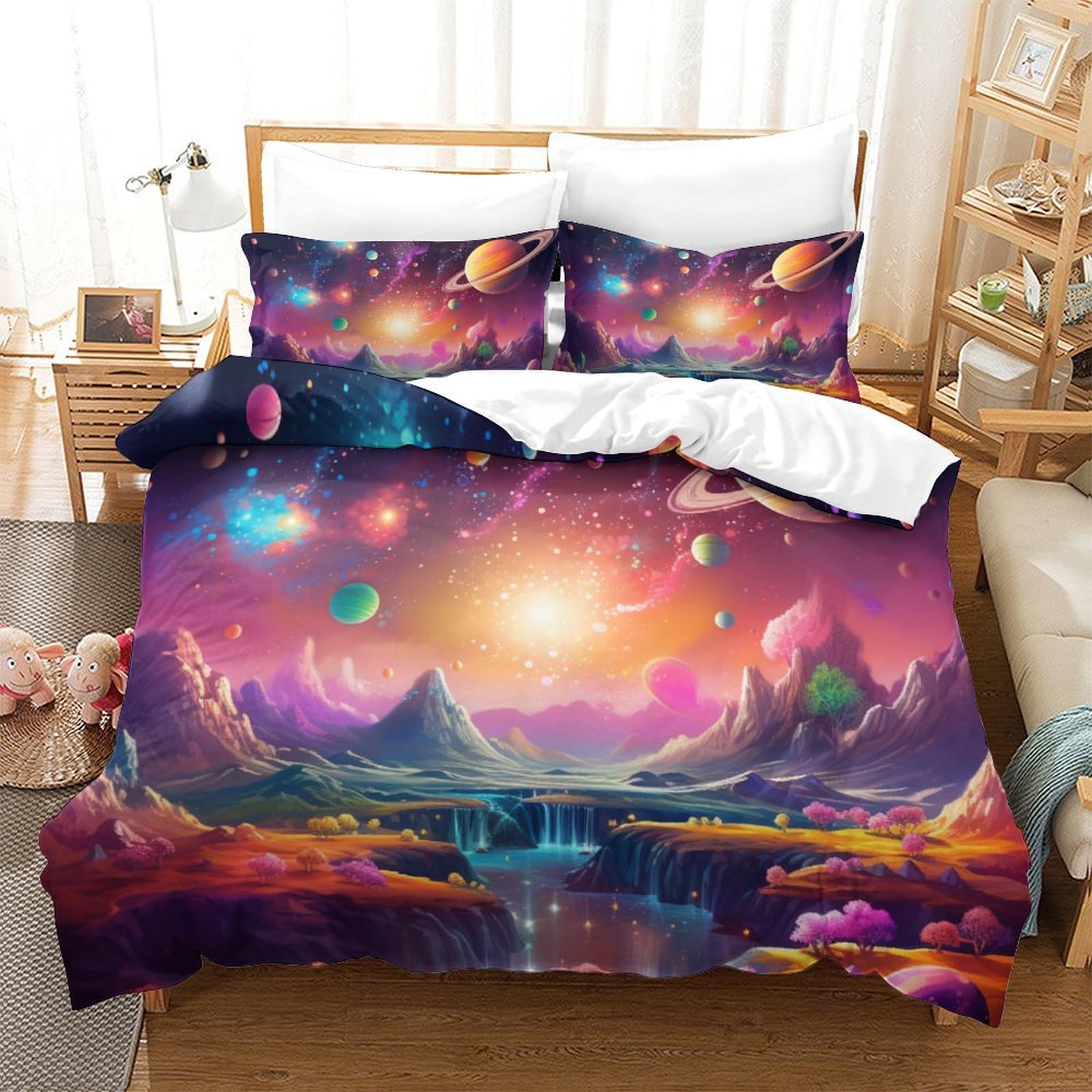 Parure de lit 3D planètes cosmiques Super King 260x220 en microfibre