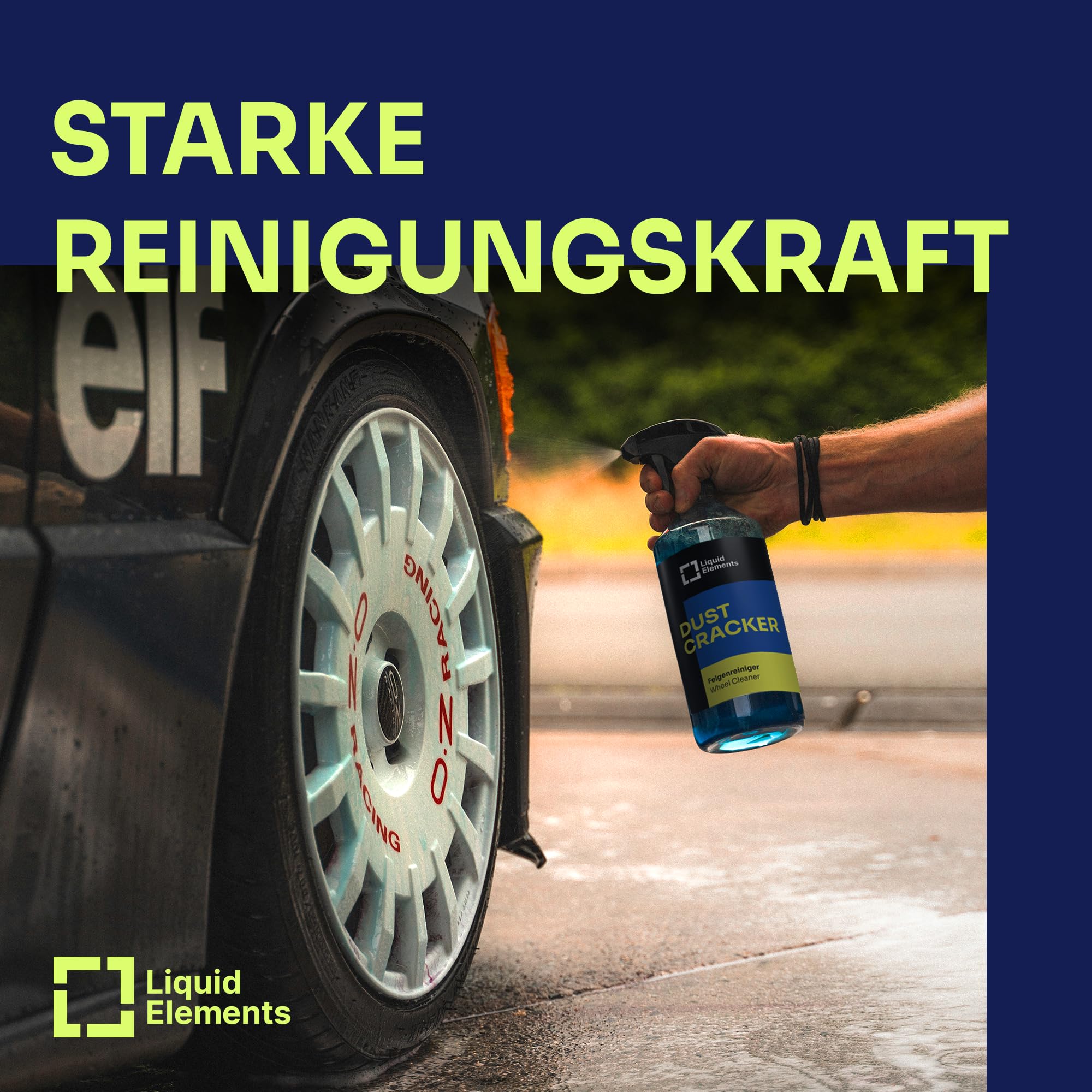 Liquid Elements Dust Cracker Set Ultra, 3x1L + Bürste M & XL + Tücher | Felgenreinigerspray inkl. Sprühflasche, für alle Felgentypen, säurefrei, effektive Reinigung & Pflege