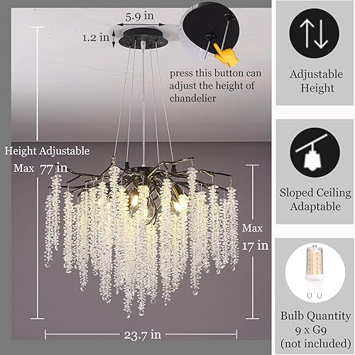 Miniatura 2 de Candelabro moderno de rama de árbol de cristal, 23.7 pulgadas de diámetro con forma de gota de lluvia redonda negra para interiores, lámpara
