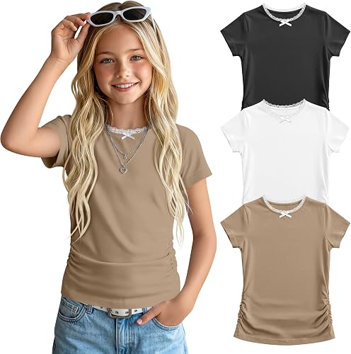Halfchet 3 Pack Girl's Short Sleeve Shirts Summer Lace Trim Bowknot Crew Neck To
