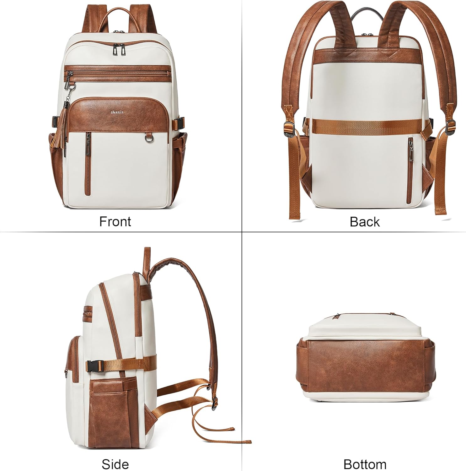 Shrrie Vegan Leather Laptop Backpack for Women,17 Inch Computer Backpack Purse for Work Business College Travel Teacher Nurse with Anti-theft Pocket & Giant Tumbler Holder Pocket,Beige with Brown - Image 8