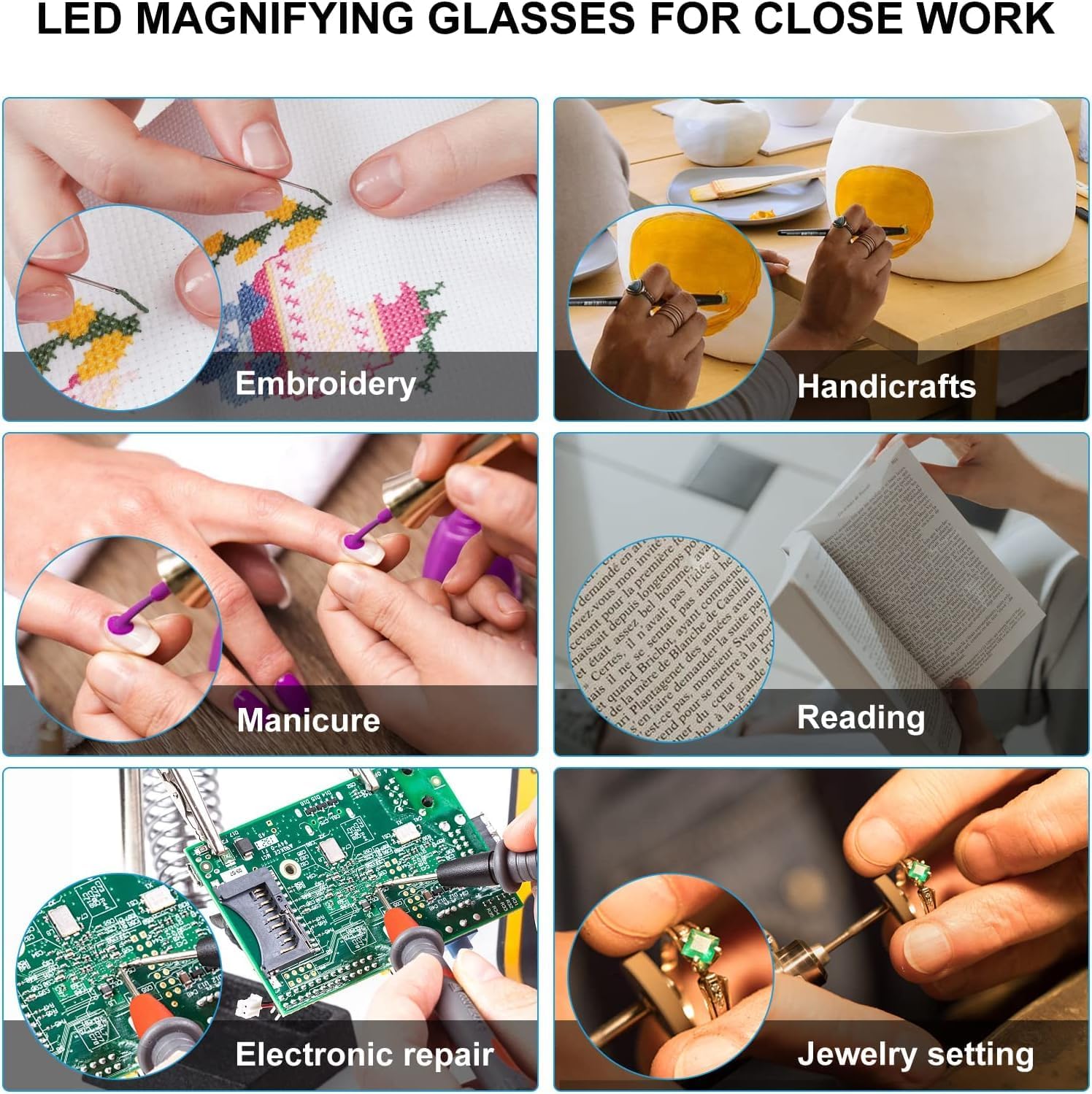 OKH Gafas de lectura LED 160 % brillantes con luz LED para lectura de trabajo cercano