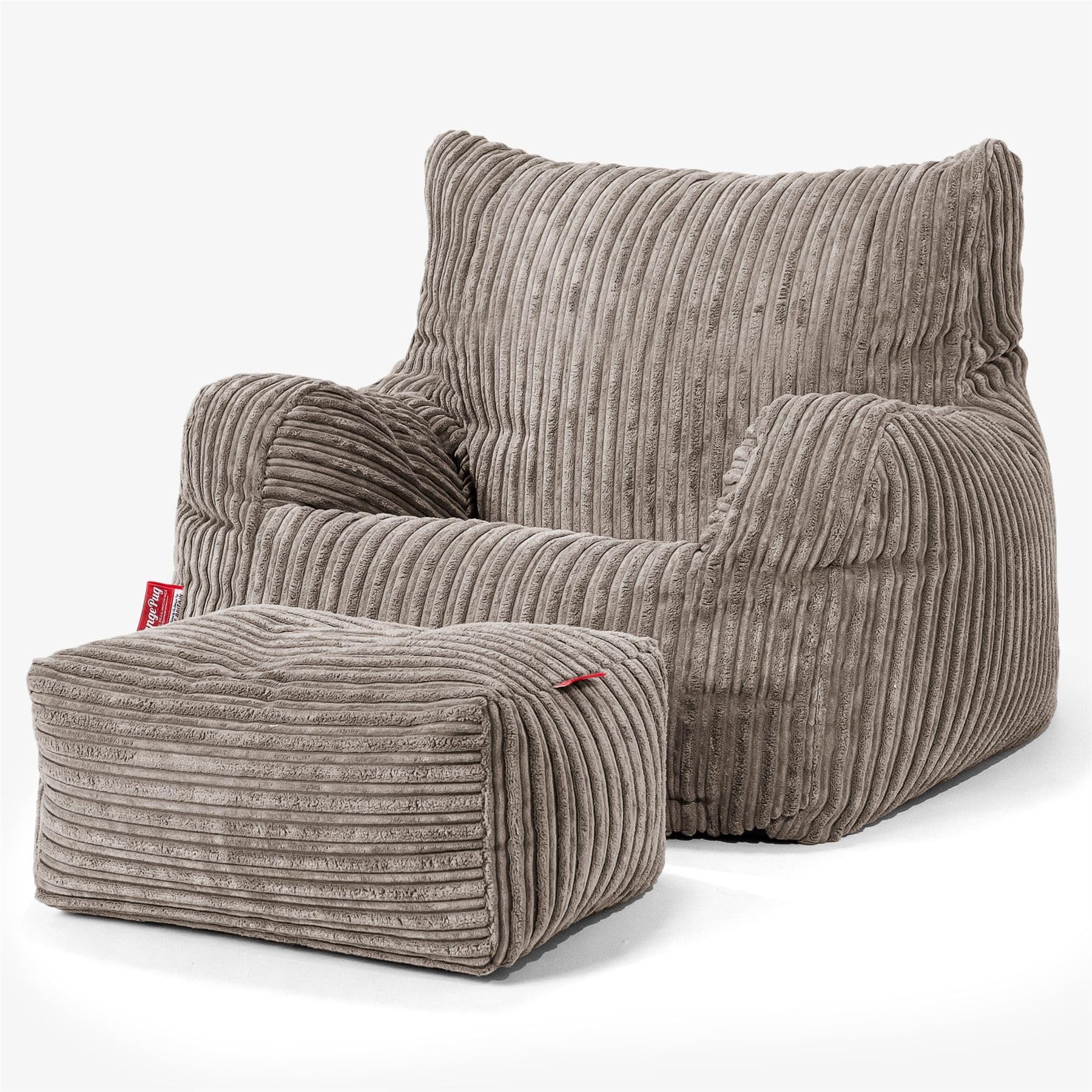 Lounge Pug Cord Fabric Armchair Bean Bag and Footstool Set for Living Room Lounge - Adult Beanbag Chair - Corduory Dovetail Grey