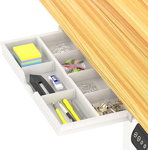 Miniatura 2 de SHW Pequeño escritorio eléctrico de altura ajustable con cajón, ganchos para colgar y gestión de cables, 40 x 24 pulgadas, roble