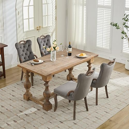 Miniatura 66 de Juego de 4 sillas de comedor de terciopelo beige, sillas de comedor tapizadas con adorno de tirador de anillo trasero y patas de madera maciza,