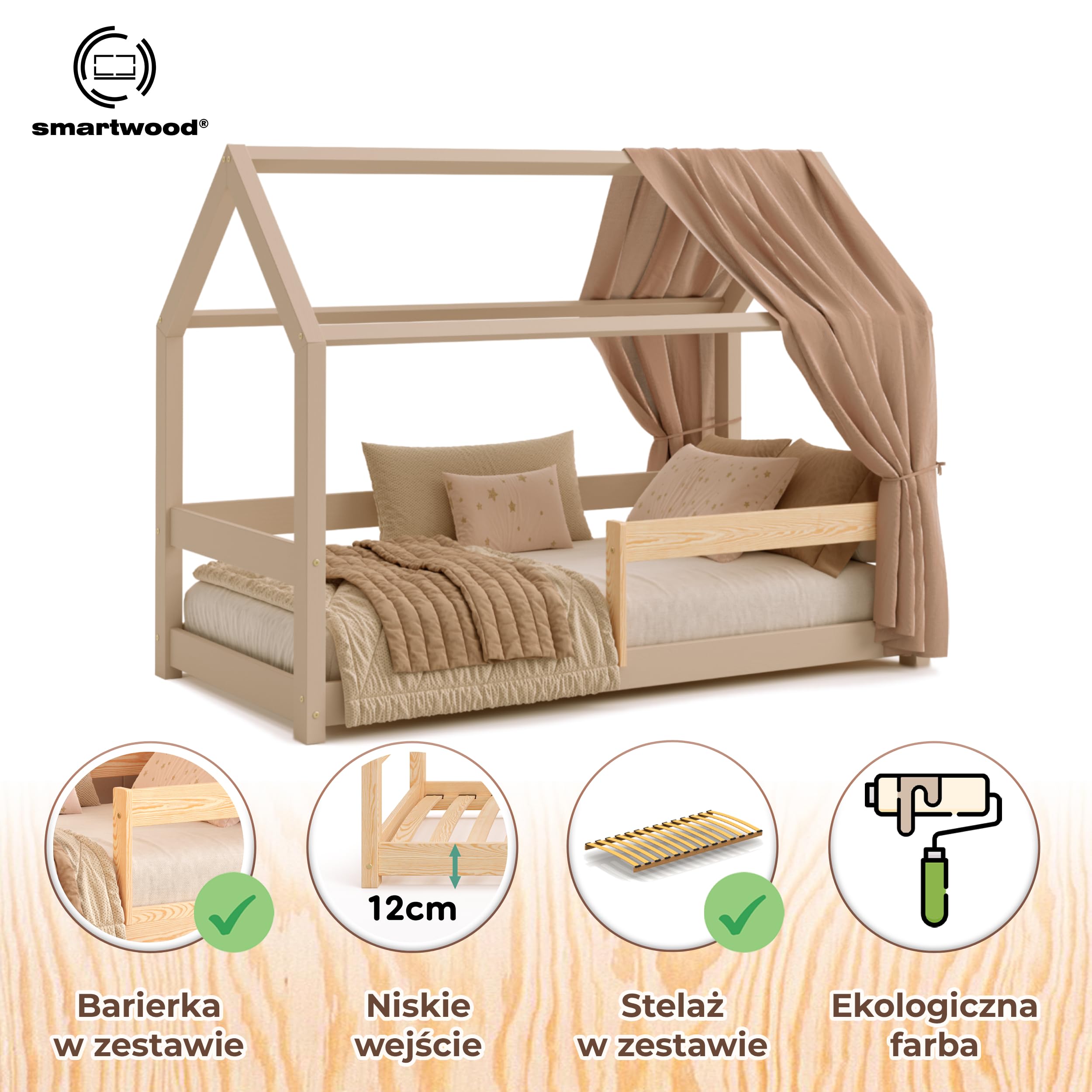 smartwood Łóżko domek 90x190 ze stelażem, Lite Drewno, Kaszmirowy, MILO | Łóżko dziecięce Montessori, wysokość wejście 12 cm, stelaż do 230 kg, drewno sosnowe, łatwy montaż, od 3 lat