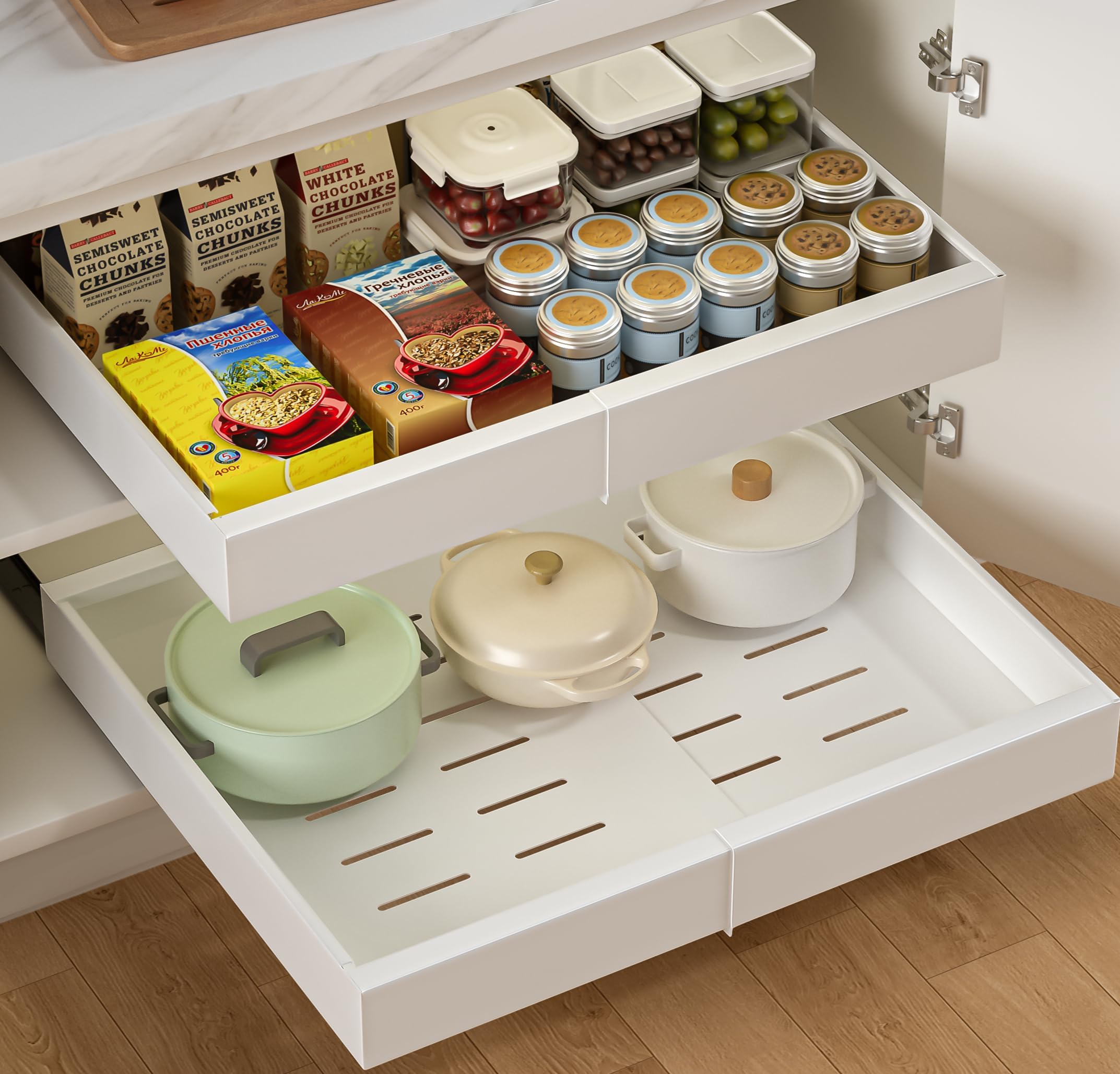 Cassetti Estraibili Per Cucina 2 pezzo, Cassetto Estraibile Cucina A Larghezza Regolabile, Cassetto Telescopico Cucina, Cassetti Scorrevoli Per Cucina (Bianco 32-52cm)