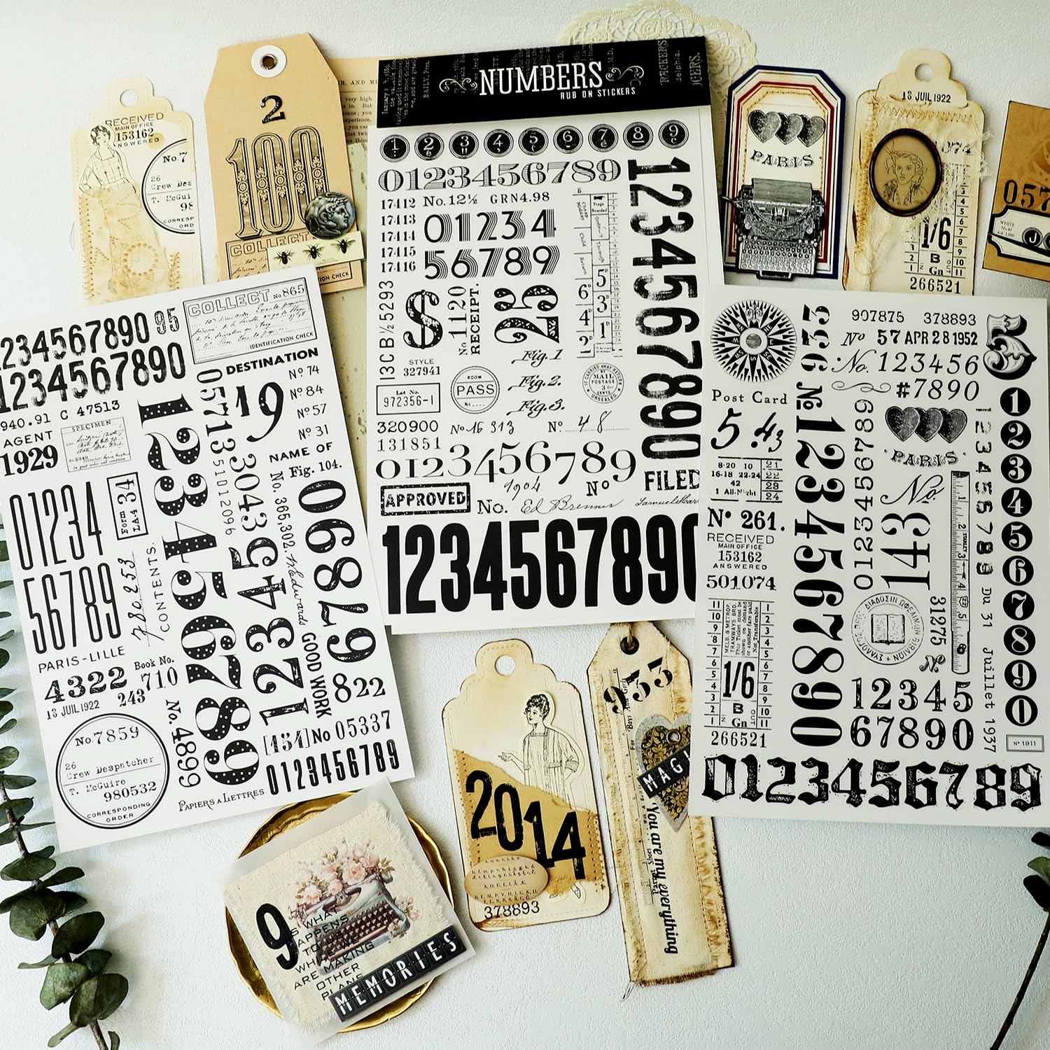 Adesivi per trasferimento a pressione per artigianato, adatti per panno, vetro, acrilico, legno, mobili, pietra, scrapbooking, piccoli oggetti vintage (numeri)