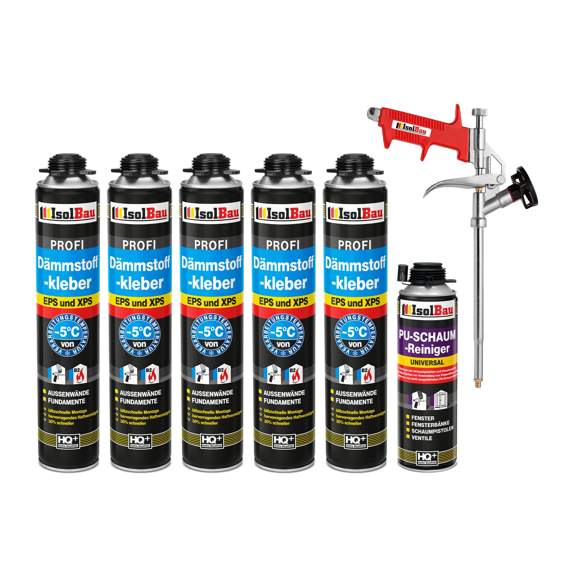 Isolbau Lot de 5 tubes de colle isolante B2 - 750 ml de colle périmétrique, 1 nettoyant en mousse polyuréthane et 1 pistolet à mousse pour plaques EPS et XPS - Mousse adhésive en polyuréthane 1K pour