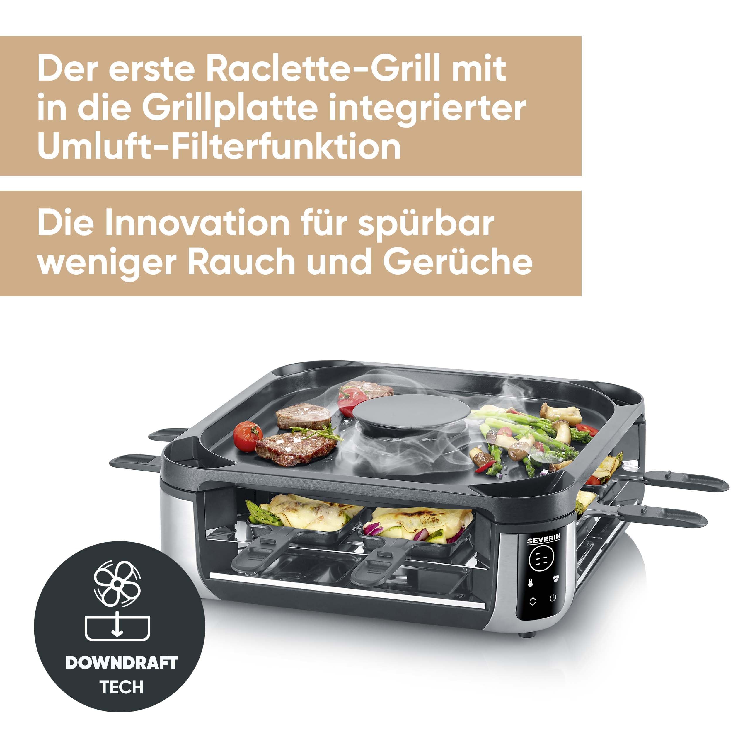 Severin S-Joy Sevento Raclette-Grill mit integriertem Umluft-Filter: weniger Rauch & Gerüche, Digital-Display, 8 Pfännchen & 8 Spatel, kratzfeste ILAG-Beschichtung, bis 230°C, 1900W, schwarz, RG 2350
