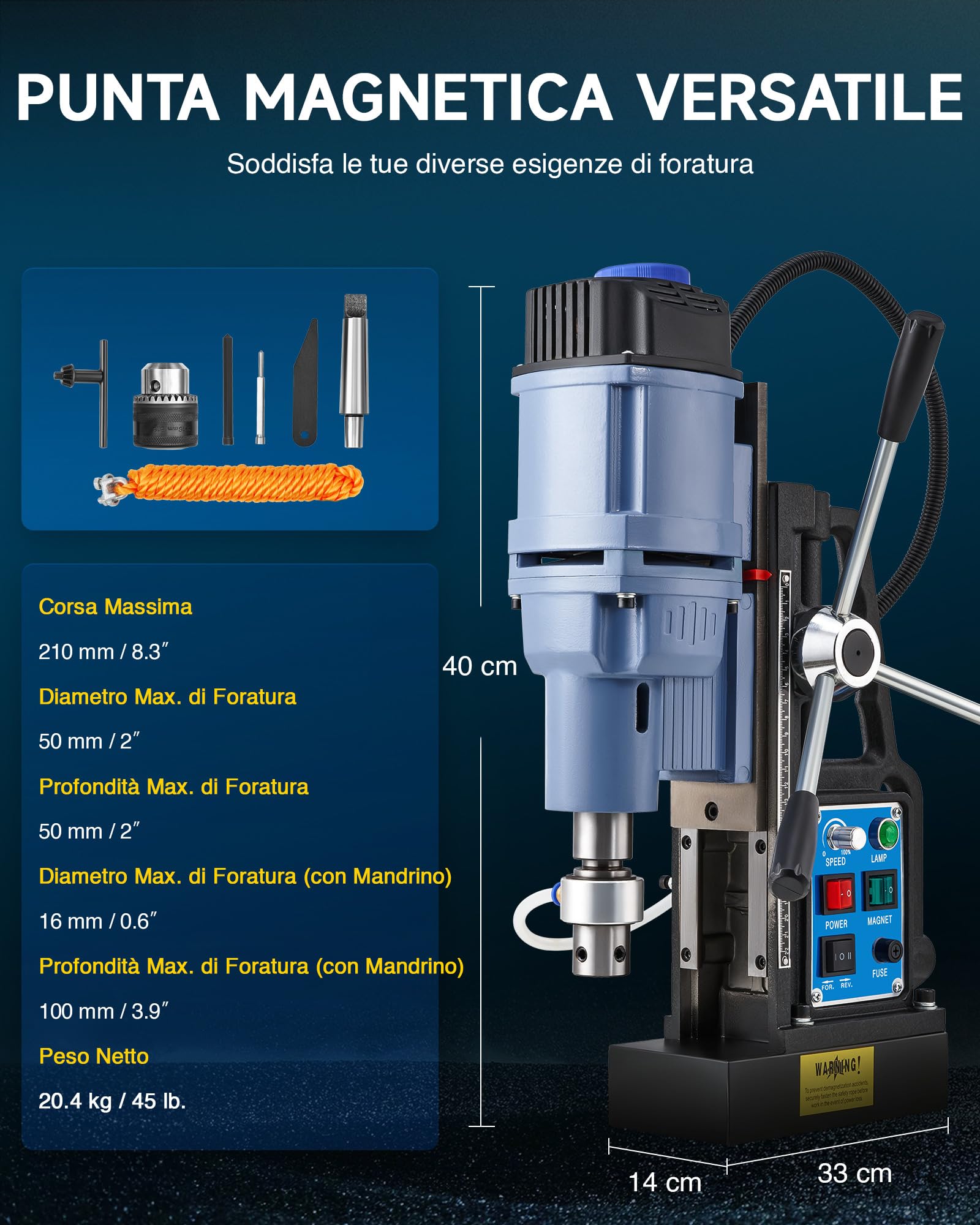 ZELCAN 1950W Trapano Magnetico 13900N 650 rpm Trapano a Colonna Magnetico a Diametro di 50mm con Controllo Reversibile e Continuo per Superfici Metalliche