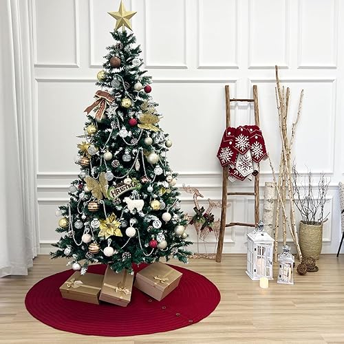Miniatura 6 de Falda de árbol de Navidad de punto acanalado de 36 pulgadas con botones de roble, borgoña