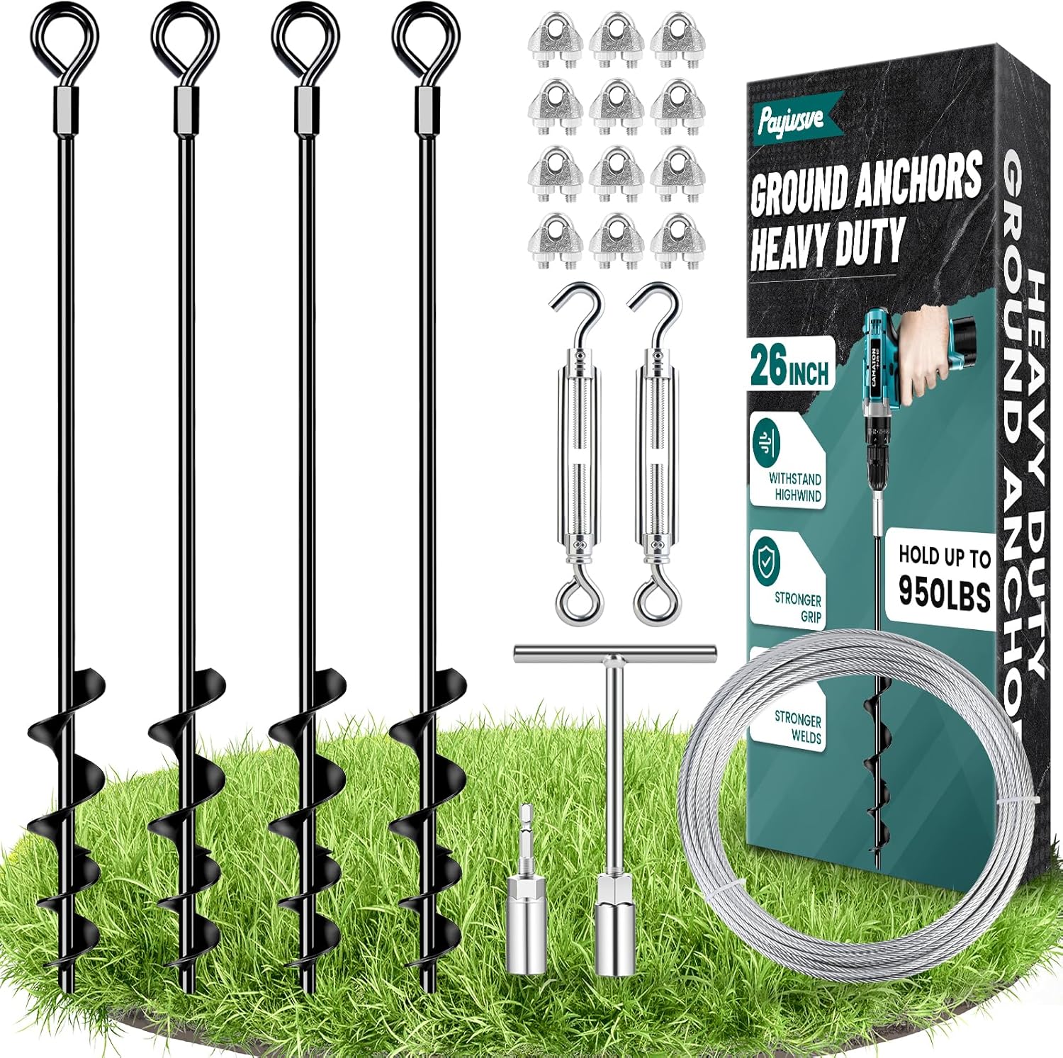 19" Ground Anchors Heavy Duty Shed Anchors Kit, Mobile Home Anchor Earth Anchor with 1/8" Galvanized Cable and Turnbuckles for Sheds Canopy Gazebo Trampoline Swing Set(4x19in)
