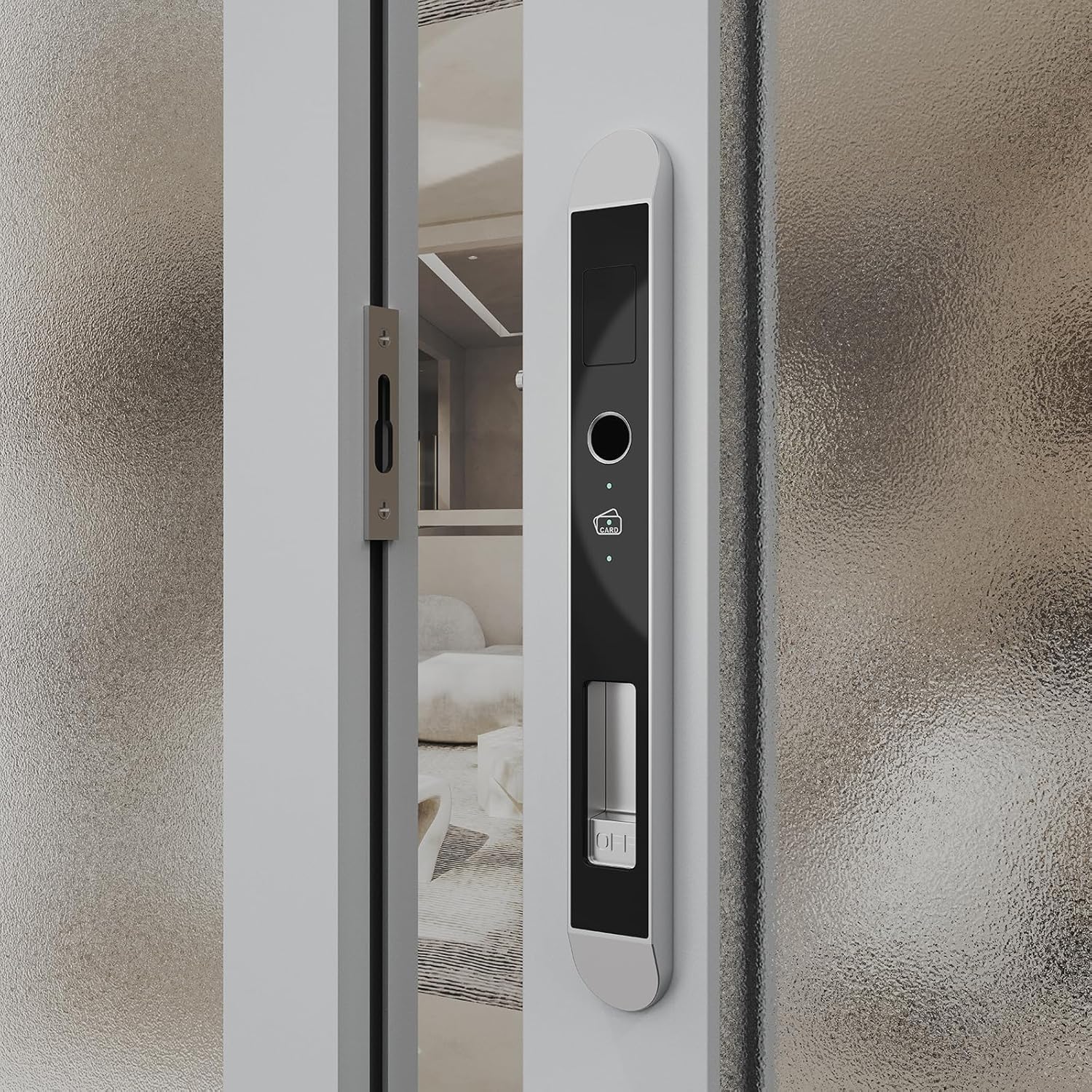WINFREE Smart Lock installed on a sliding door, showing the exterior view.