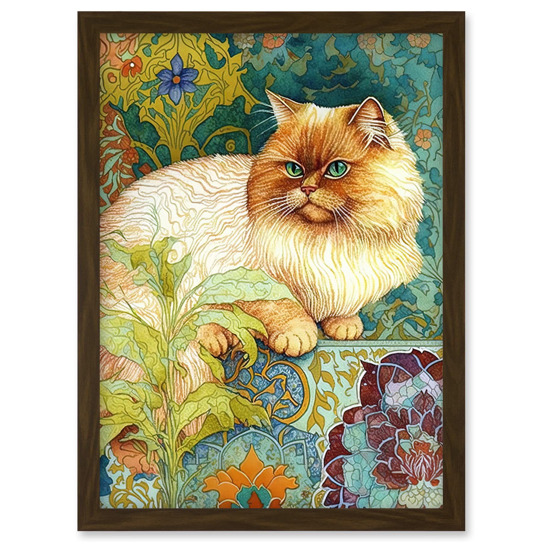 Artery8 Orange Persian Cat William Morris Inspired Floral Pattern Colourful Modern Illustration Artwork Framed Wall Art Print A4