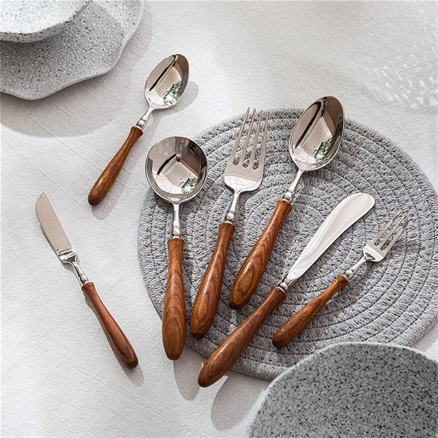 Ensemble de Couverts en Acier Inoxydable avec Fourchette, Couteau et cuillère, 5 pièces, 20 pièces, Manche en Bois véritable Naturel