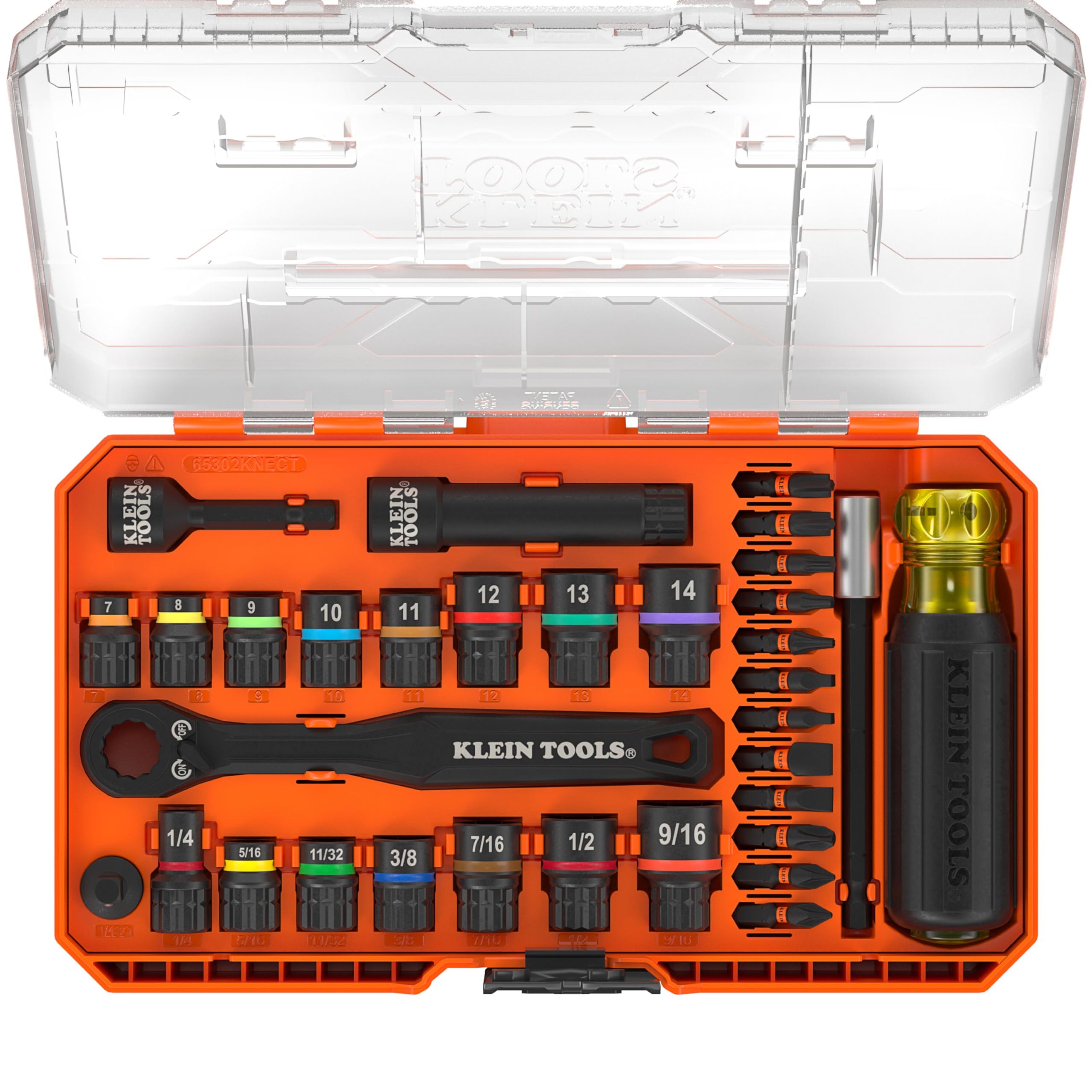 Klein Tools 65302KNECT Impact Socket Set, KNECT (S) 33-Piece SAE and Metric Pass-Through Socket Tool Set, Impact Driver Adapter, MODbox Tool Organization
