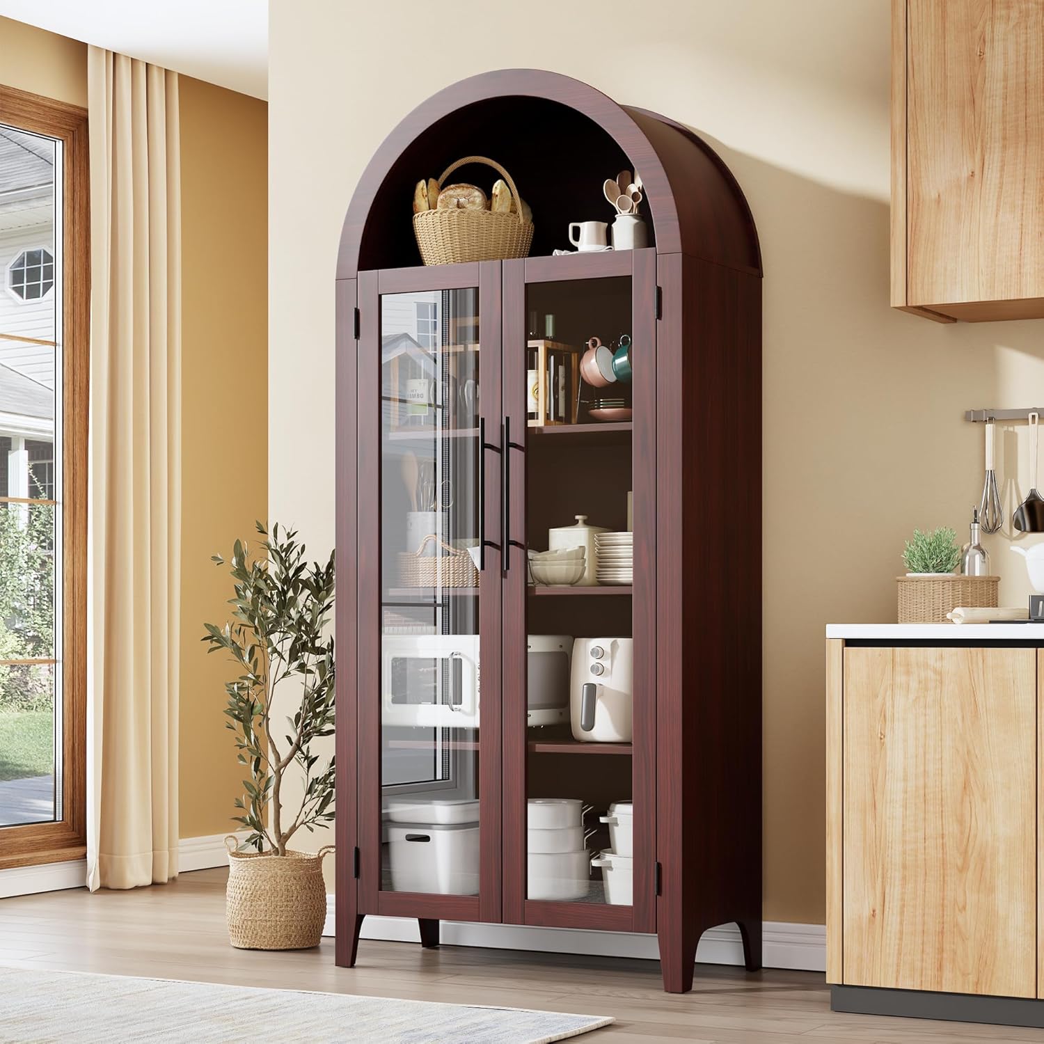 GarveeHome Arched Kitchen Pantry Cabinet - Farmhouse 5 Tier Display Shelf with Adjustable Shelf and 2 Large Glass Doors, Versatile Storage Cupboard for Kitchen, Dining Room, Living Room, Walnut