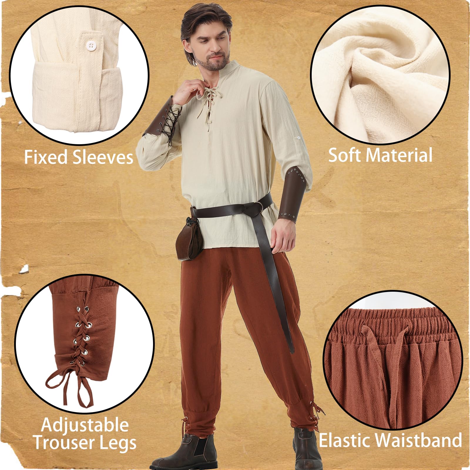 Disfraz Medieval Renacentista Hombre Conjunto de Ropa Medieval Traje Renacentista Disfraz de Vikingo con Camisa Pirata Pantalones Medieval Cinturón Muñequeras