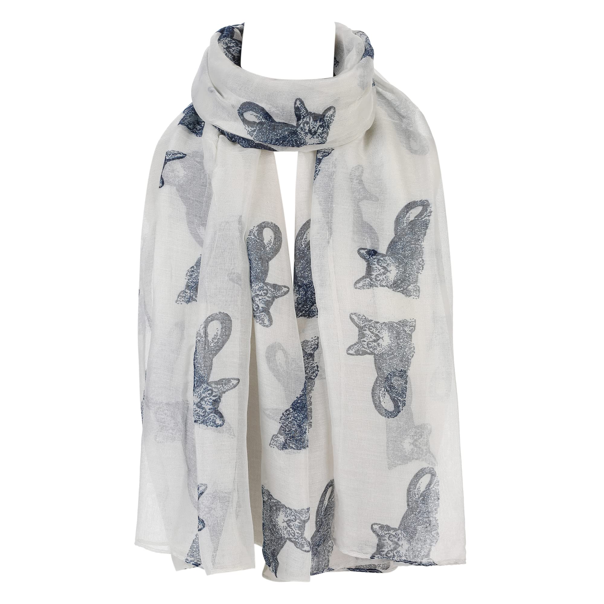 London Scarfs Cute Cat Pattern Printed Scarf Shawl Wraps Lightweight Long Soft Scarves For Women (Cream)