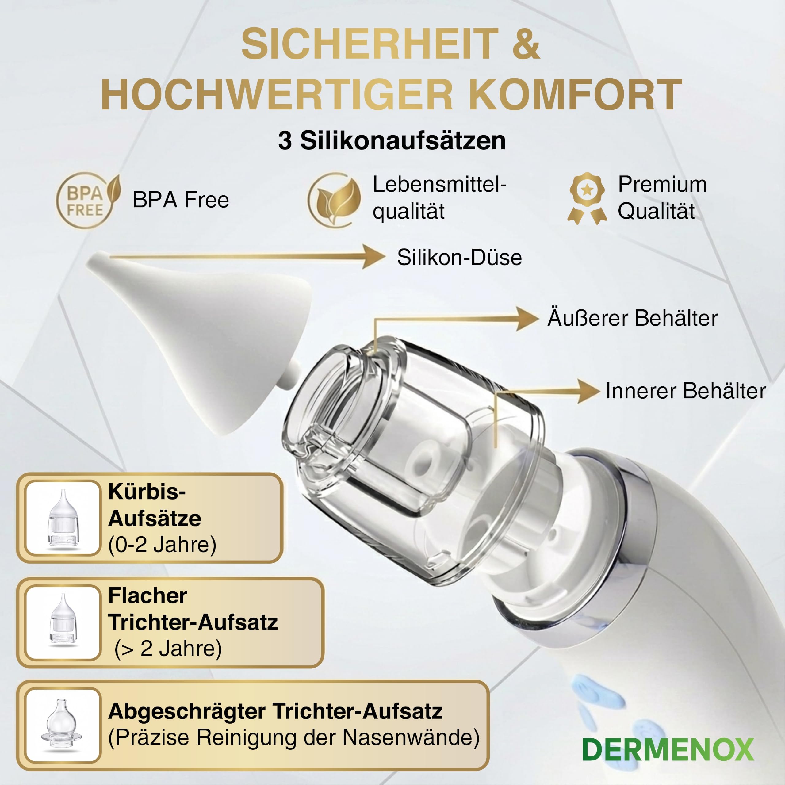 Elektrischer Nasensauger, 5 Saugstärken, Musik und Licht, Wiederaufladbarer Nasensauger mit 3 Silikondüsen, Sanft und Sicher, DERMENOX Grau