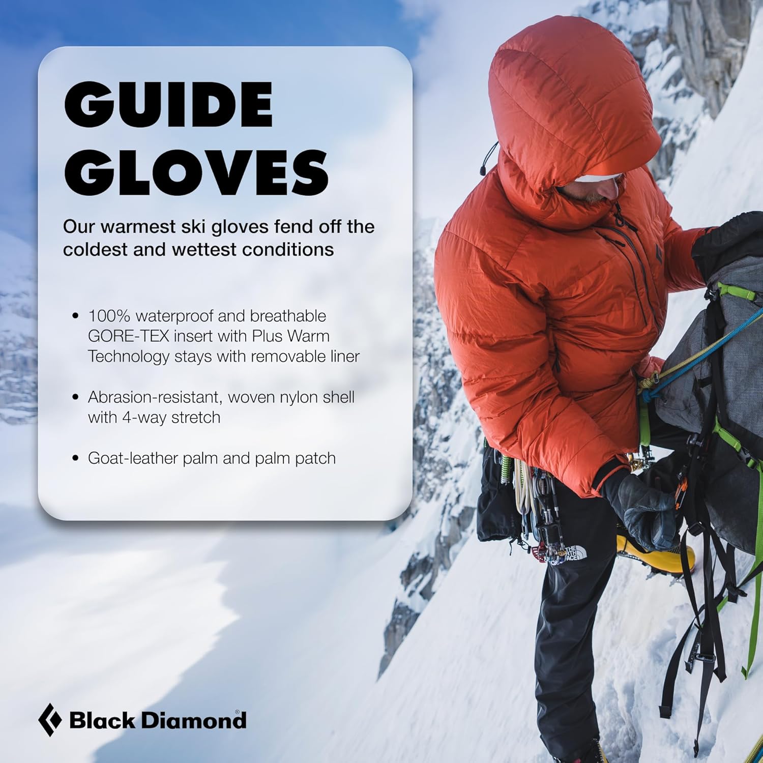 BLACK DIAMOND Men's Guide Ski/Snow Gloves | Premium Leather Shell | Waterproof & Insulated | Includes Gore-TEX Insert, Plus Warm Technology & Goat Leather Palm