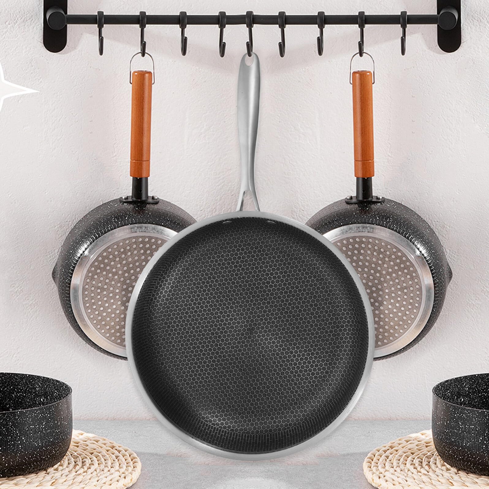 TOYANDONA Padella Antiaderente per Uova in Acciaio 30 CM con Rivestimento a Nido d'Ape Fondo Piatto per Distribuzione Uniforme del Calore Manico Ergonomico per Cottura Colazione e