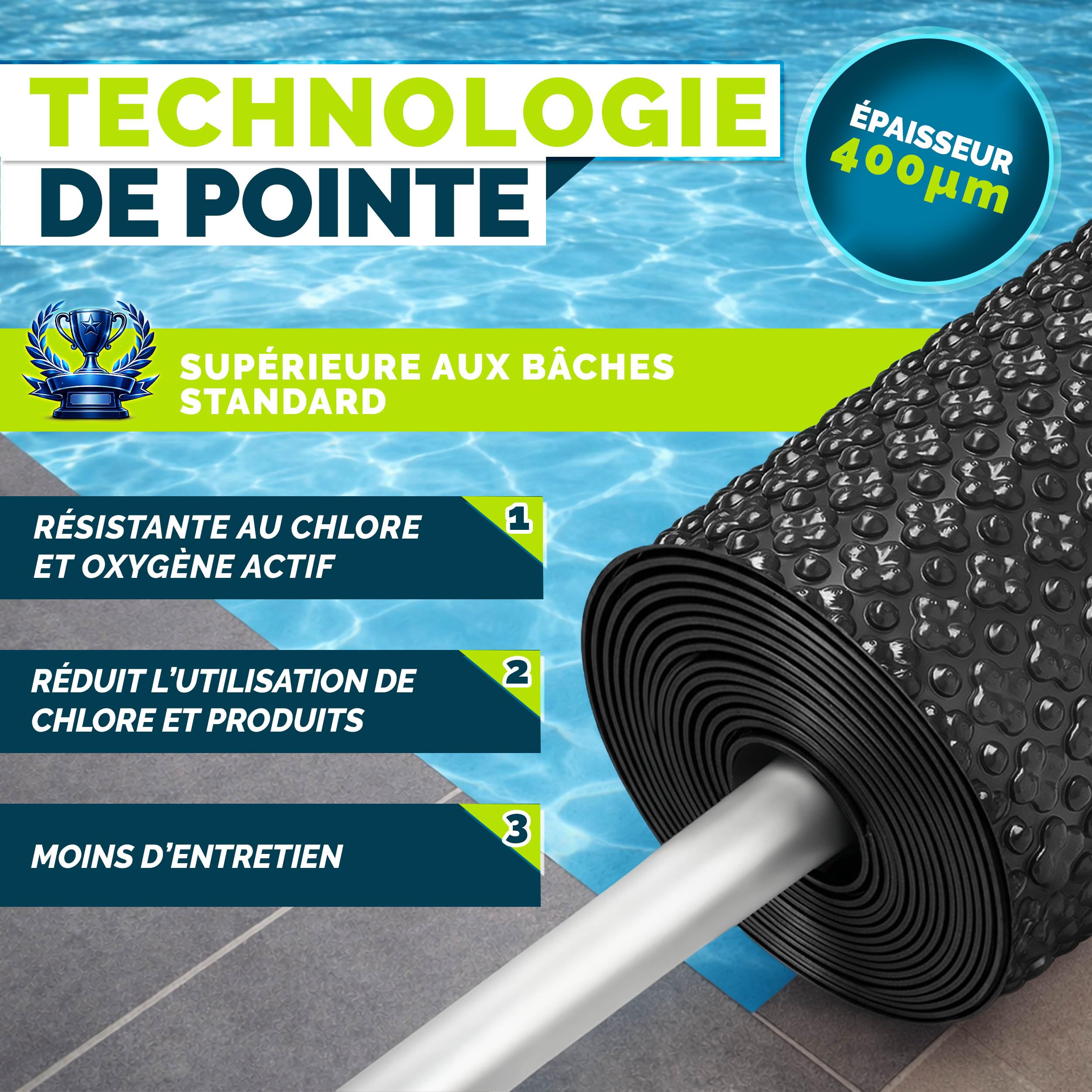 Tillvex Elite Bâche Solaire à Bulles 400 µm Rectangulaire 732 x 366 cm Film Thermique ProHeat QB4