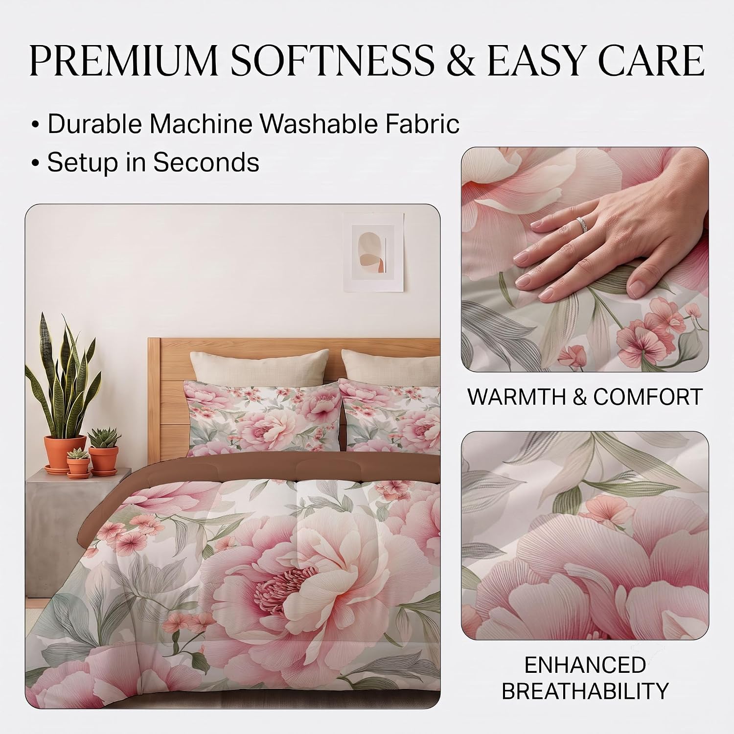 Retro Garden Comforter Set Full Size, Elegant Peony Branches and Leaves Bedding Set for Girls Boys, Nude Pink Quilt Bed 79"X90" Bedding Comforter Sets with 2 Pillowcase Room Decor