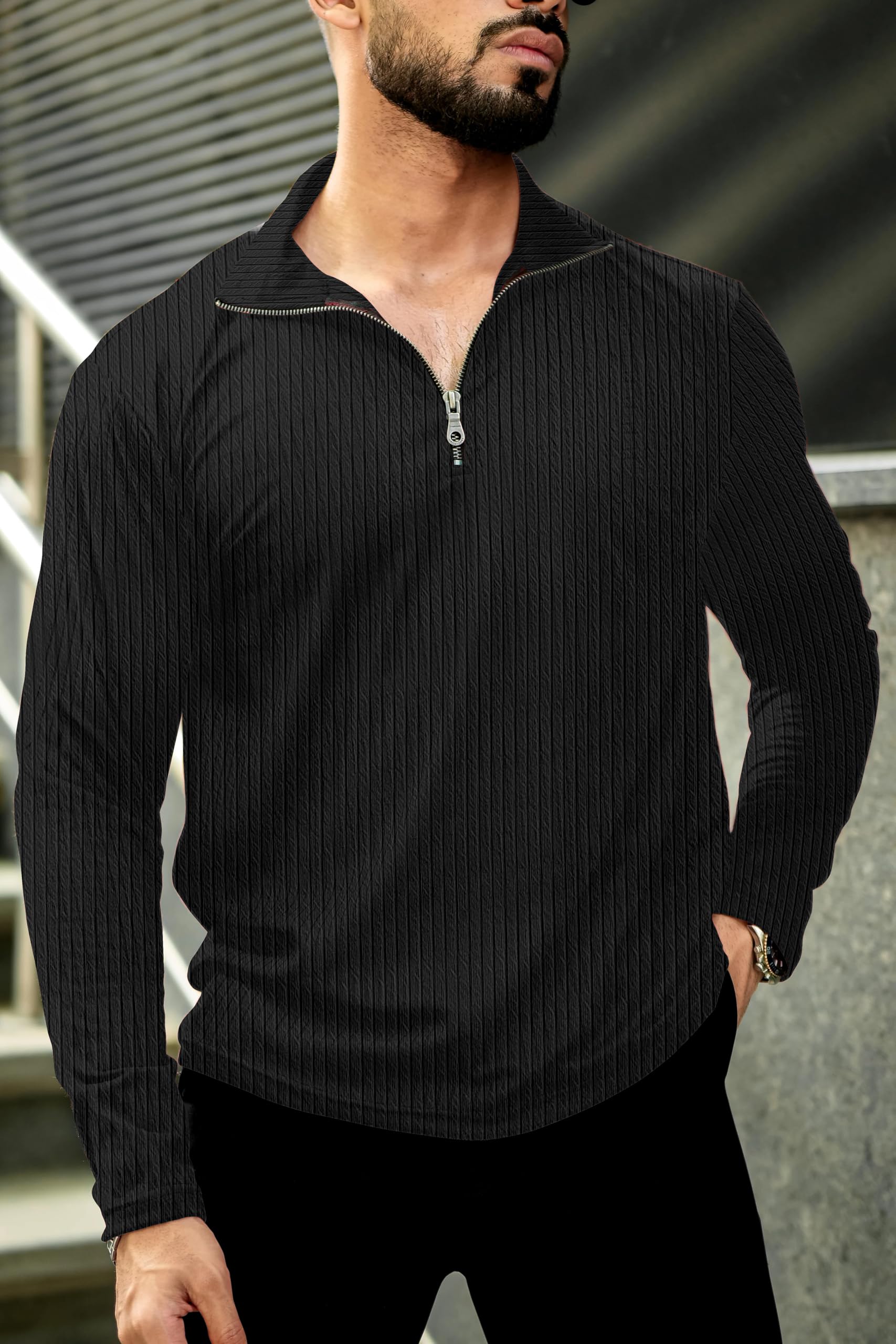 KAJARU Men's Quarter Zip Pullover T-Shirt, Cable Knit Pattern, Full Sleeve (in, Alpha, XL, Black) - Image 8 thumbnail