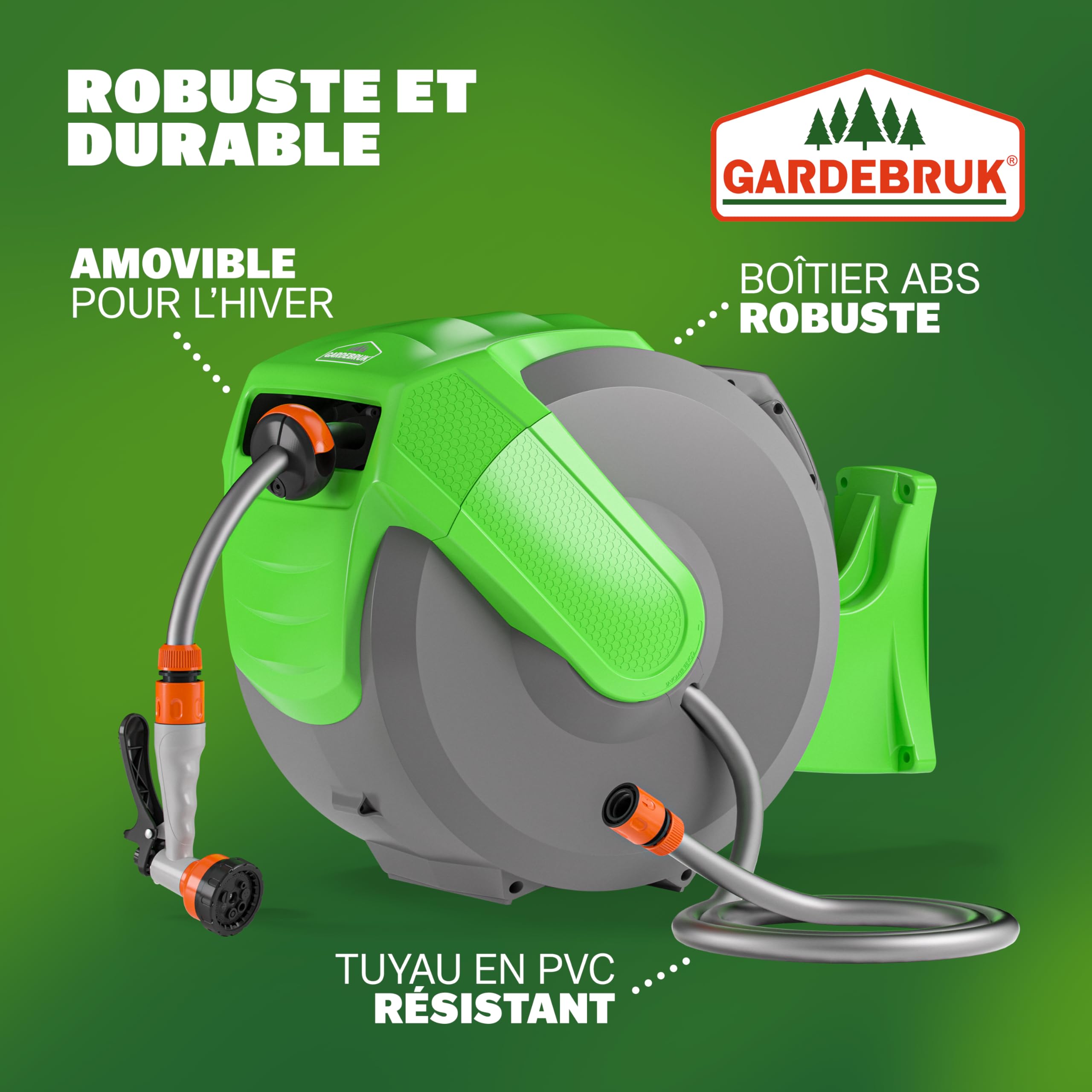 GARDEBRUK® Dévidoir enrouleur de tuyau d'arrosage automatique 20m + 2m support mural 1/2' buse multijet 7 fonctions enrouleur arrosage jardin