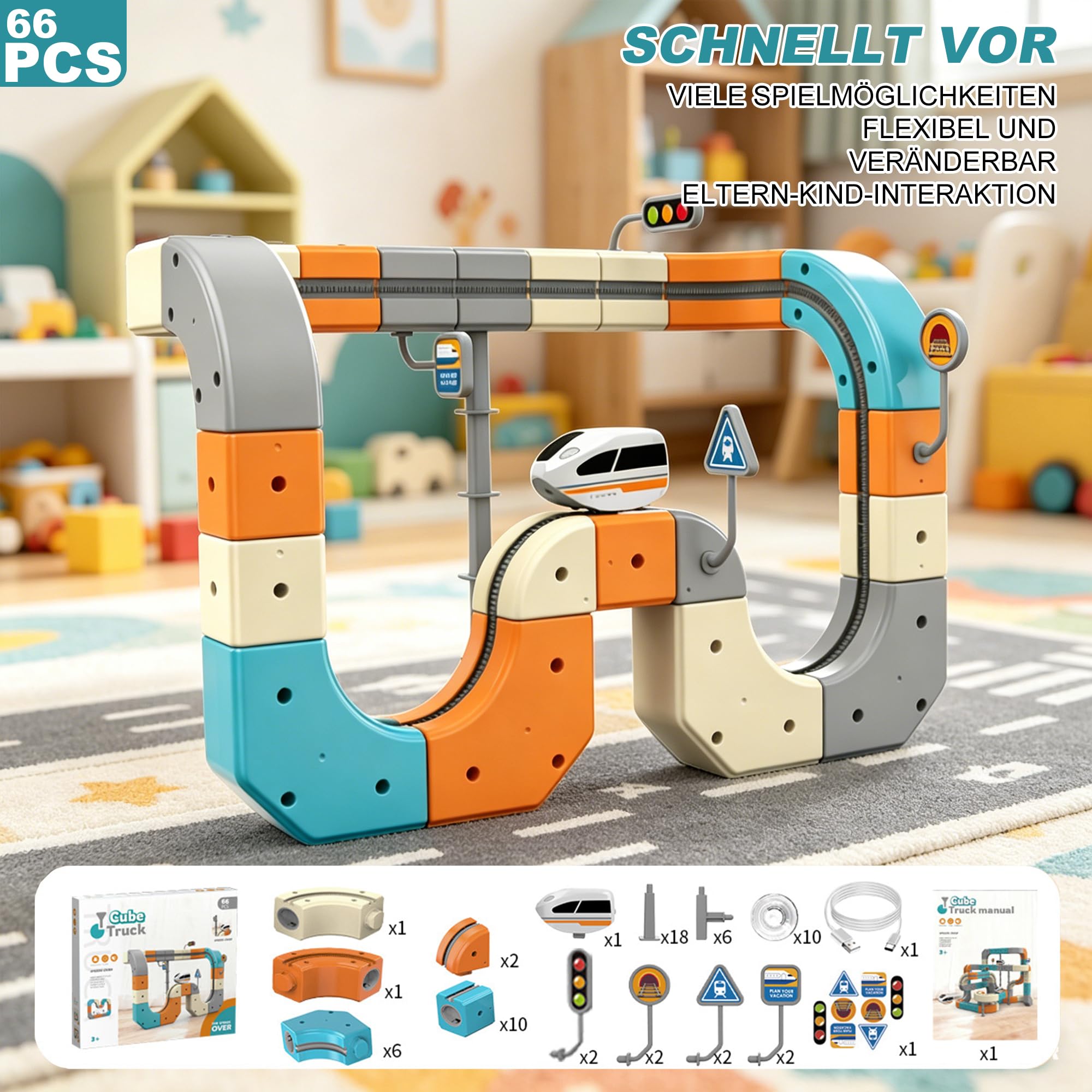 Elektrische 3D Eisenbahn Kinder Spielzeug – 66-teiliges DIY Schienensystem mit Motor Looping & Kugelbahn Effekt STEM Lernspielzeug, Kreatives BAU-Set